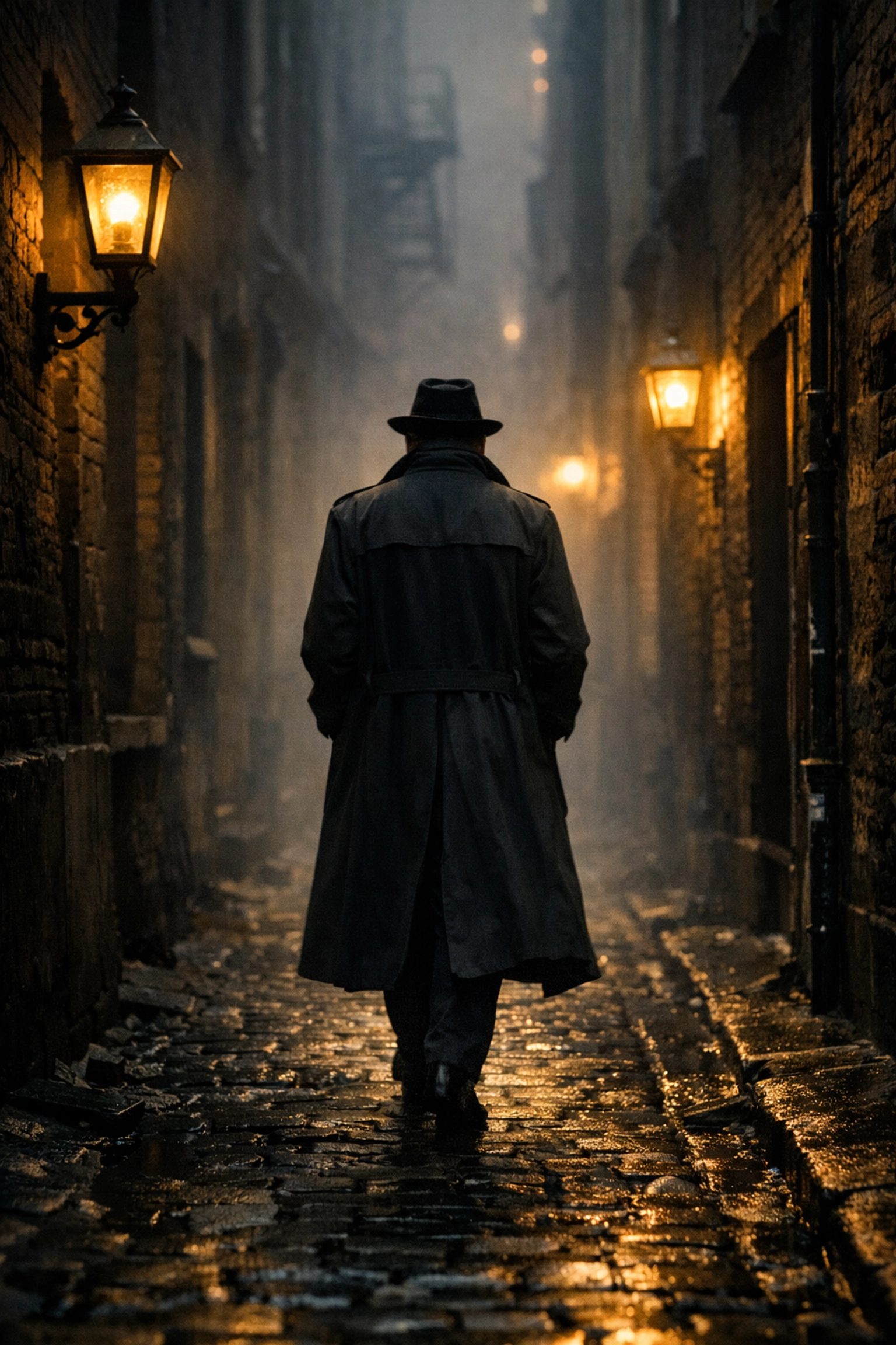 Mysterious street photography portrait of a man in a trench coat walking through a foggy urban alleyway.