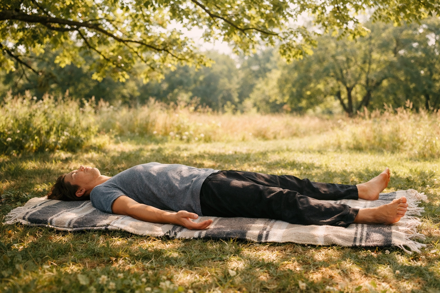 Person resting on a blanket in nature, demonstrating somatic release for nervous system regulation and mental health.