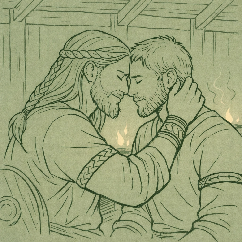 Two Viking warriors share an intimate moment in a Norse longhouse - MM historical romance illustration