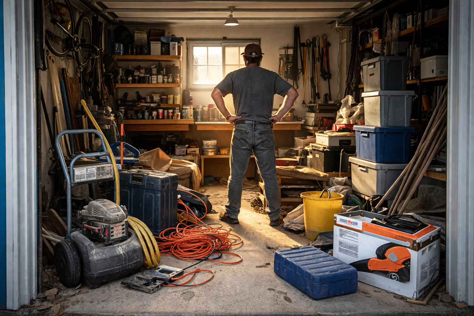 A cluttered garage in Boston filled with rarely-used tools, showing the problem of wasted storage space.