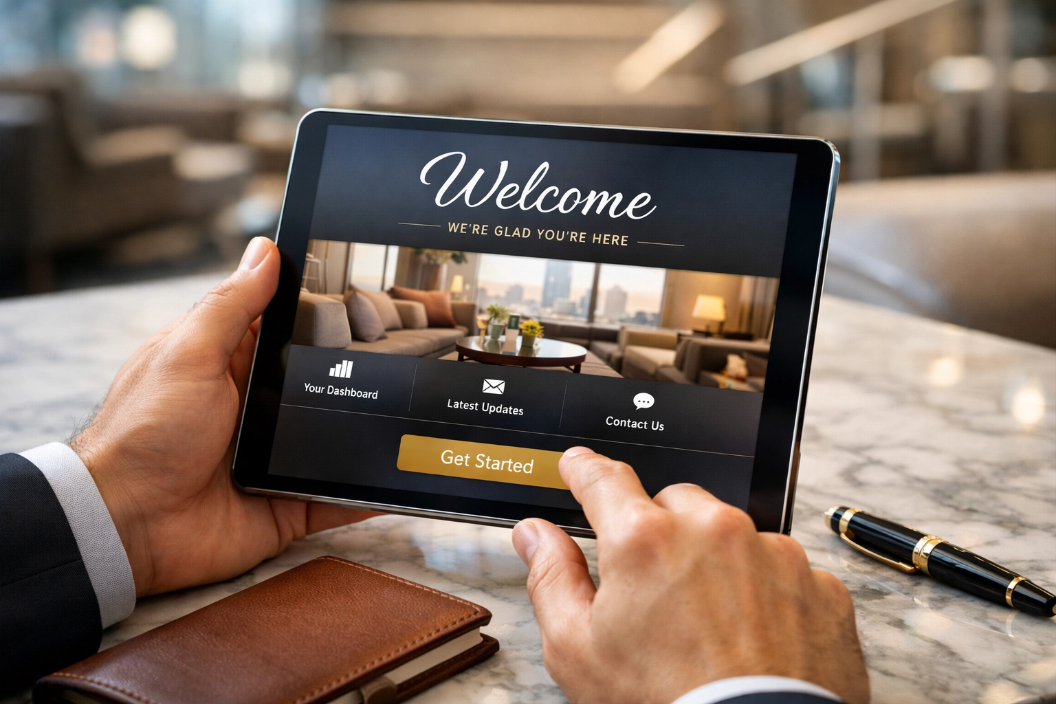 Hands holding a tablet showing a premium client onboarding automation portal to welcome new business clients.