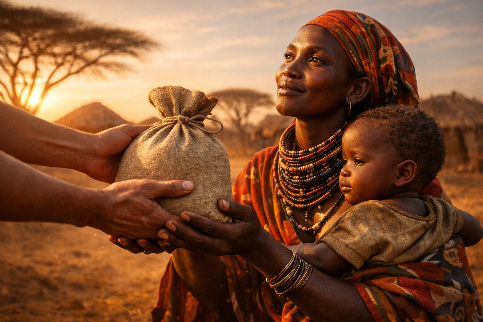 Humanitarian worker delivering food aid to East African mother and child in refugee community