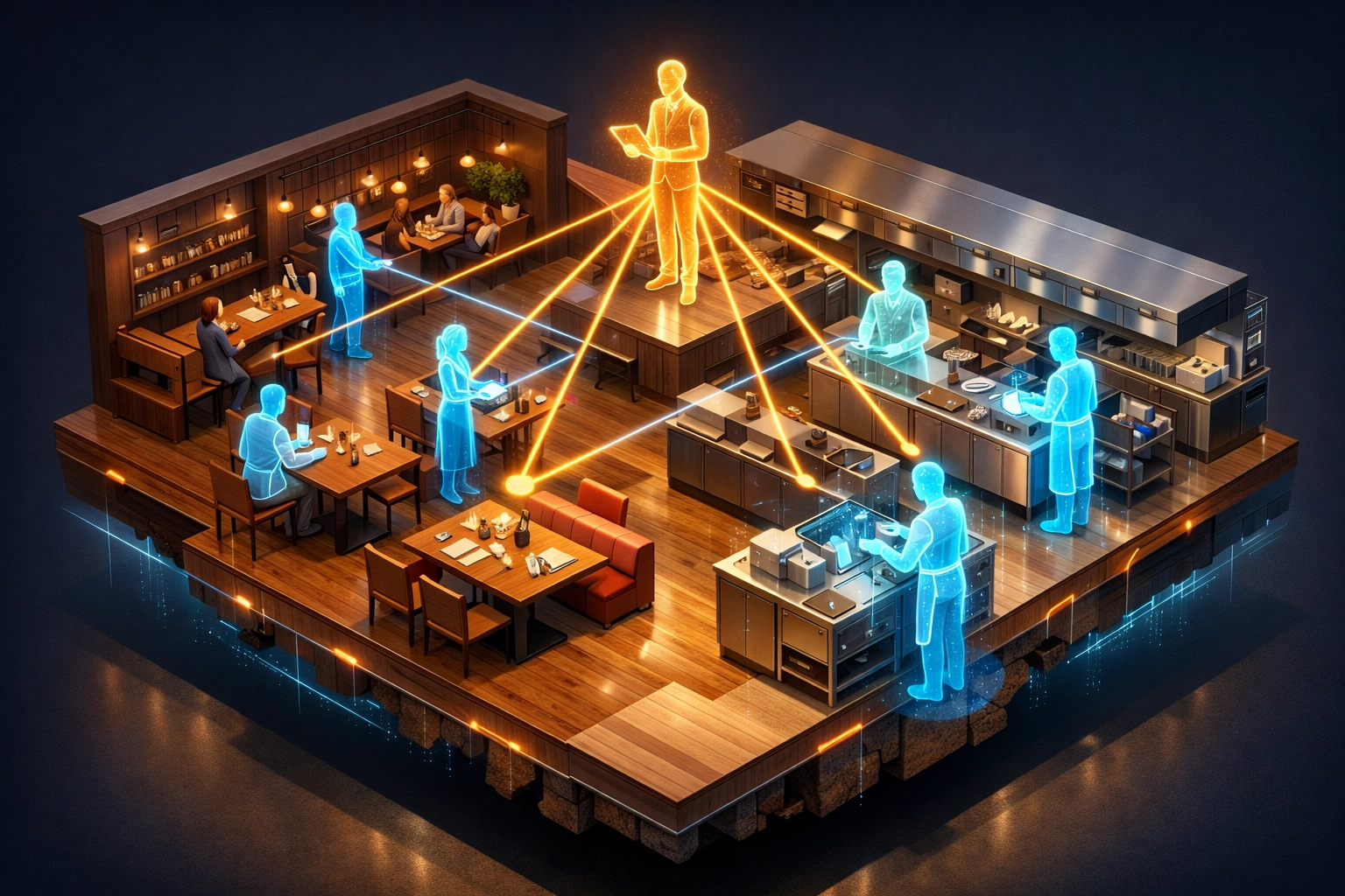 Data-driven labor management and staff optimization visualized in a digital restaurant floor plan.