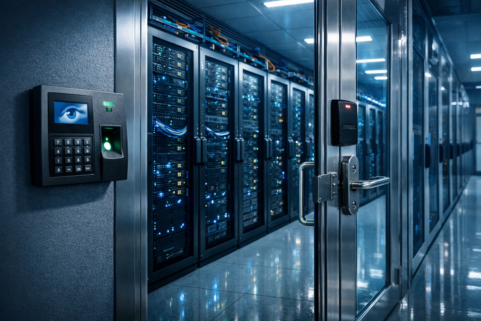 Secure healthcare data server room with HIPAA-compliant storage and biometric access