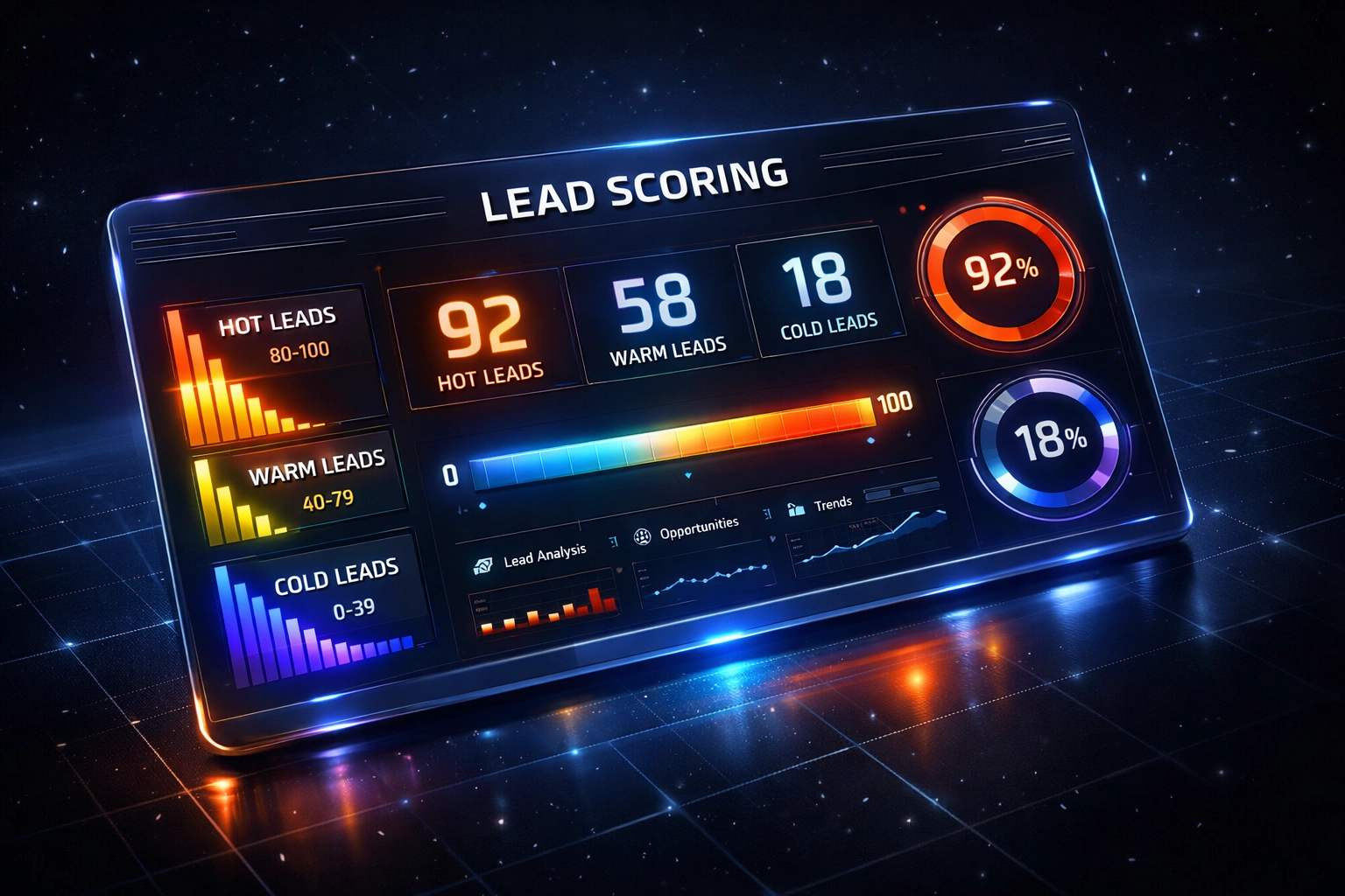 AI lead scoring dashboard showing hot and cold leads with automated marketing metrics