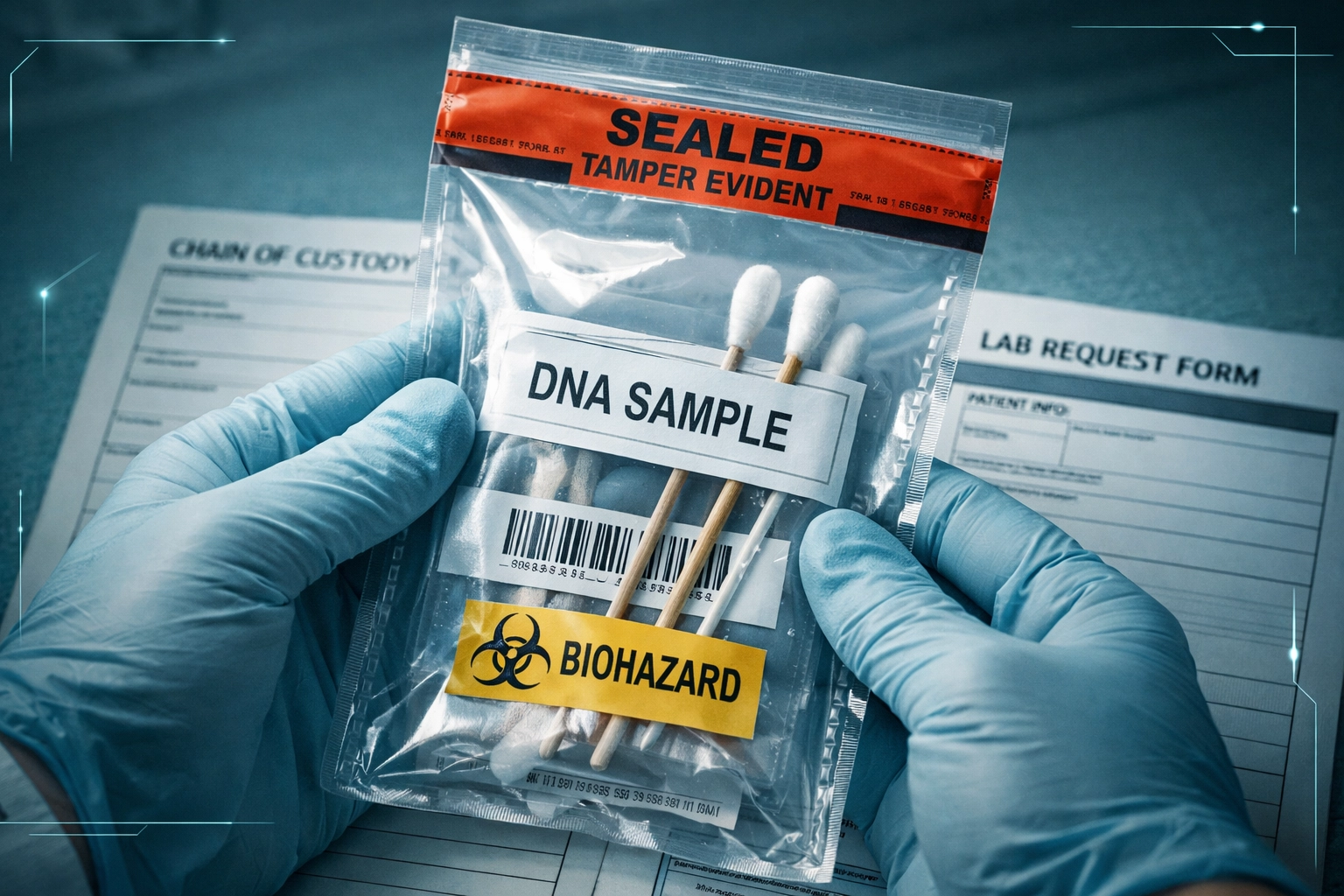 Sealed DNA sample bag with chain of custody documentation for court-admissible test