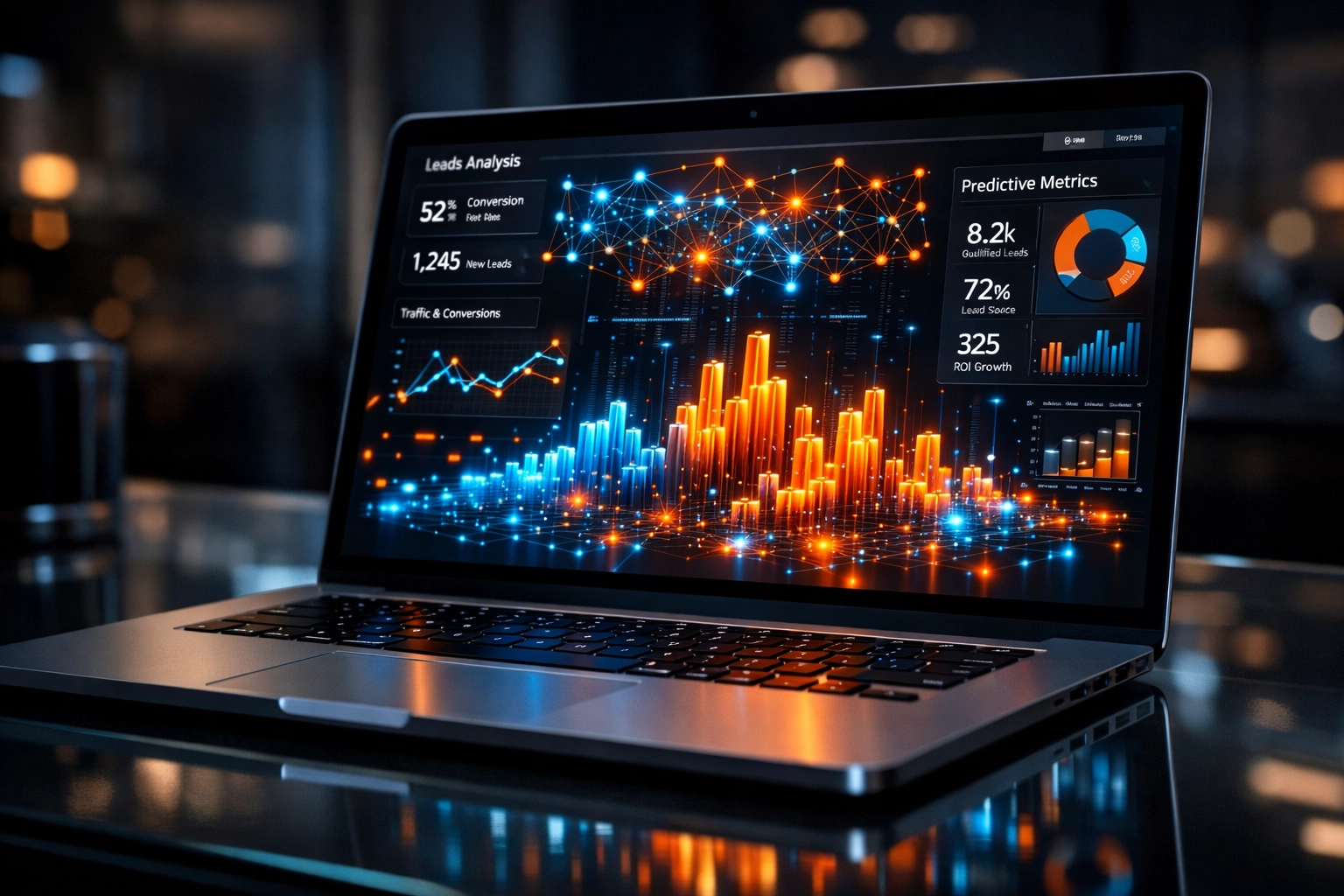 AI predictive lead scoring dashboard on a laptop displaying data visualizations for small business growth.
