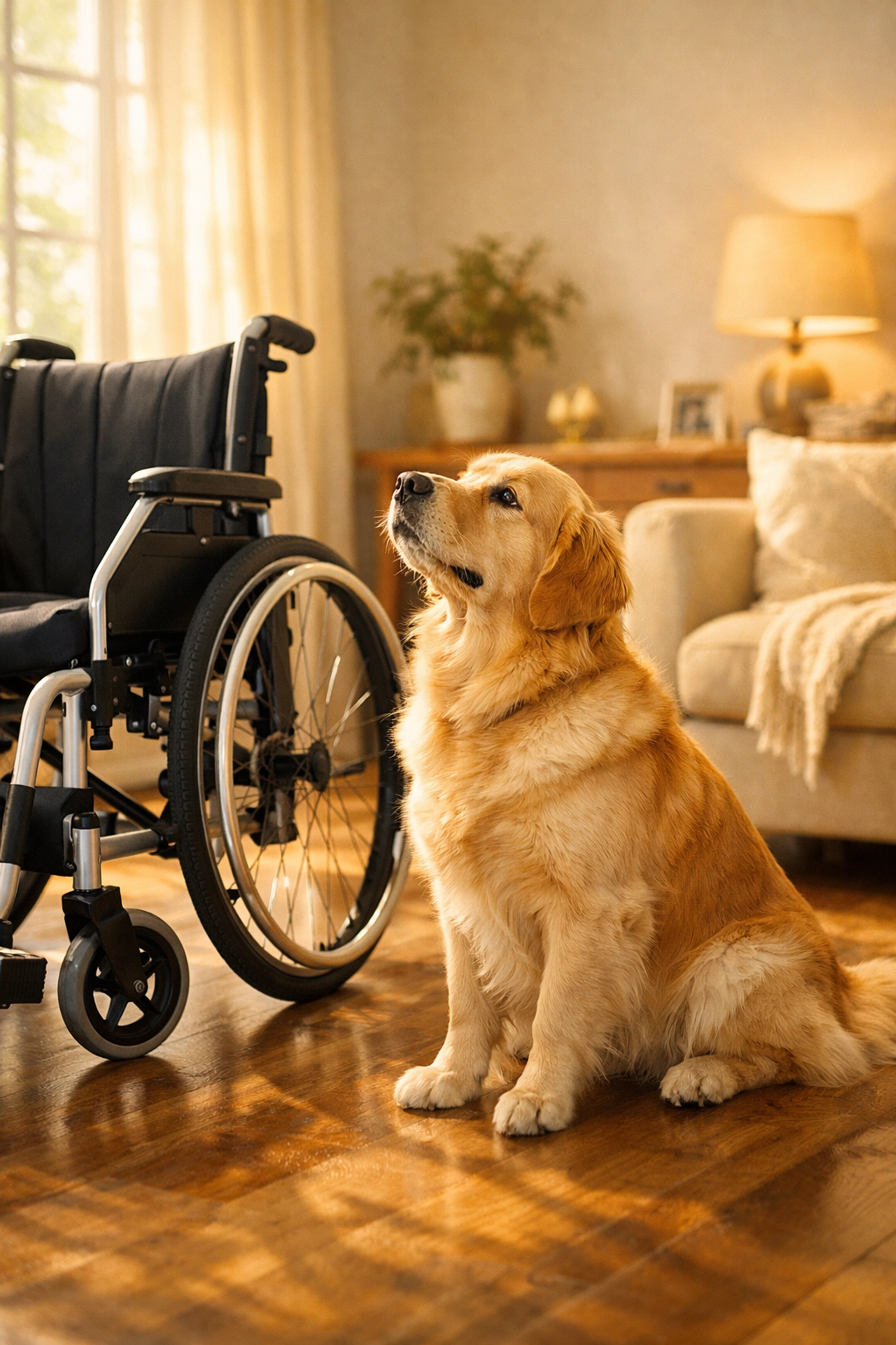Golden Retriever by a wheelchair in a warm home, helping families who need to sell my house fast in Kansas City.
