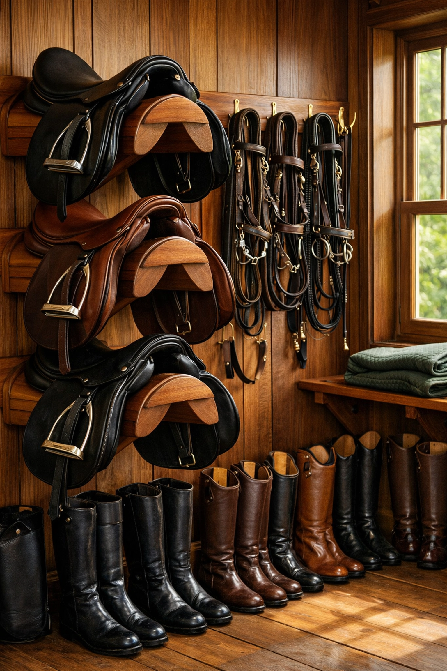 Organized tack room with English saddles, bridles, and equestrian equipment storage