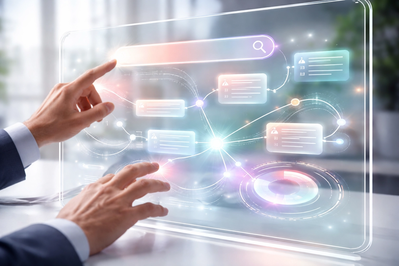 Une main interagit avec un écran tactile affichant une interface de recherche dynamique basée sur l'IA, soulignant l'AI Mode de Google