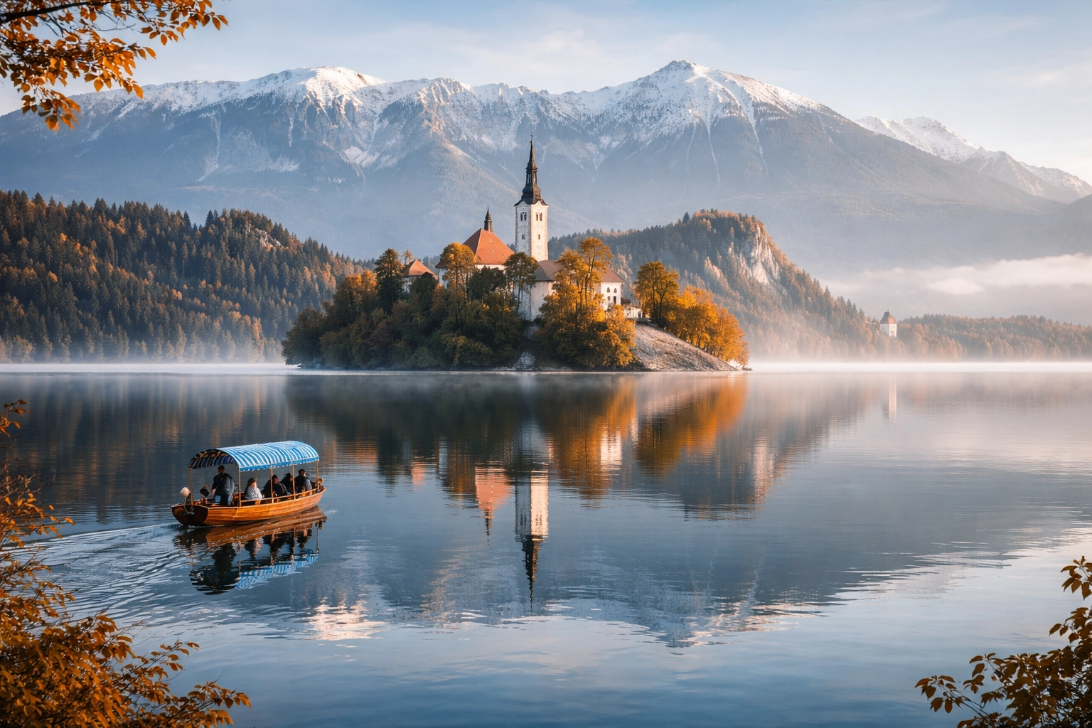 Lake Bled in Slovenia with iconic island church and autumn mountains, highlighting budget-friendly European getaways.