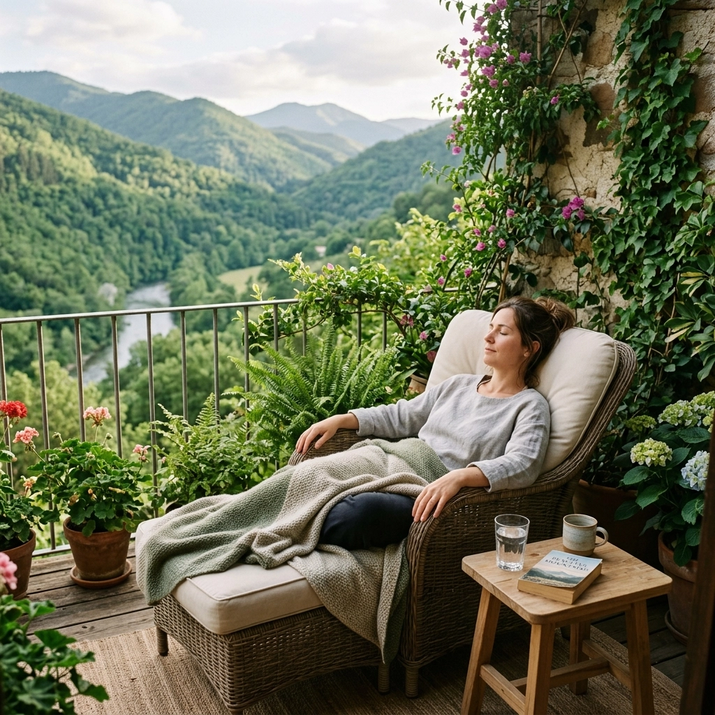 A peaceful, high-quality photograph of a person resting in a comfortable chair on a balcony.