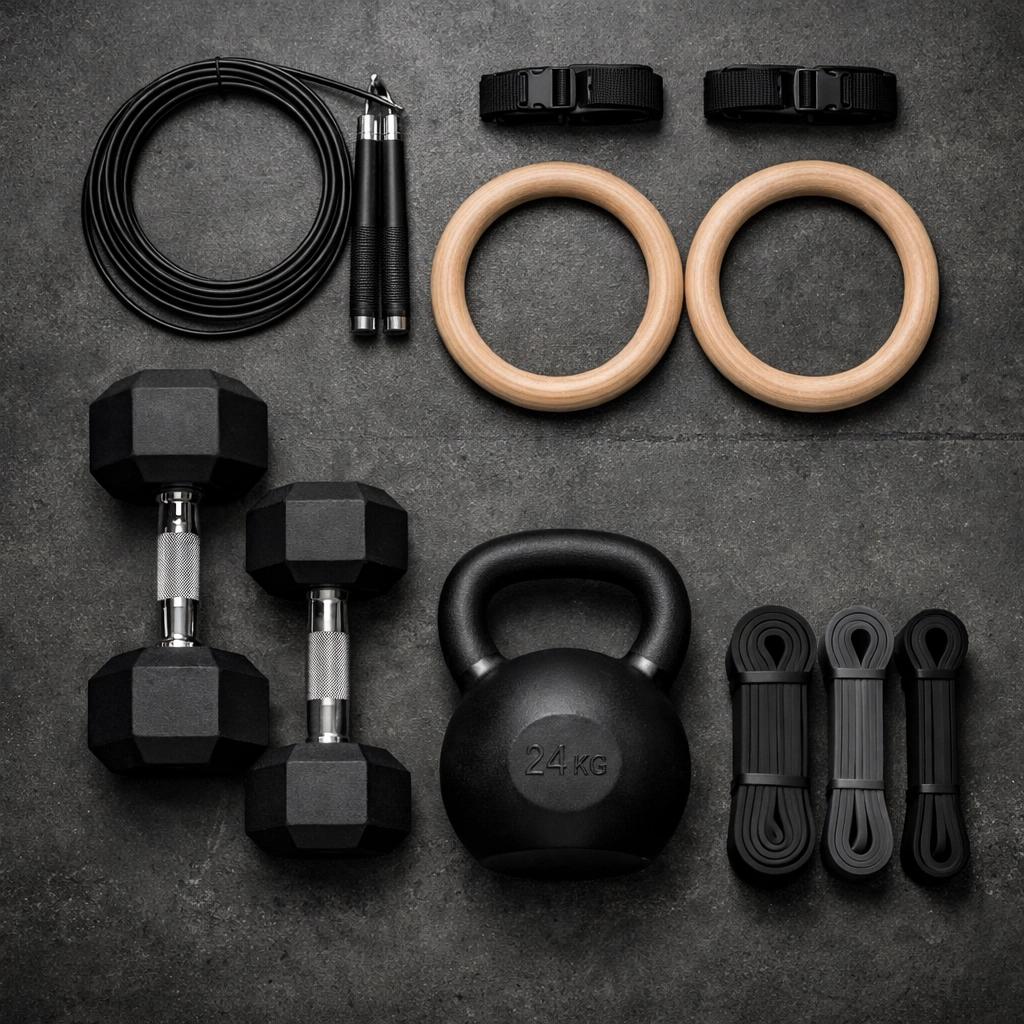 Complete set of versatile home gym equipment including kettlebells, rings, and jump ropes.