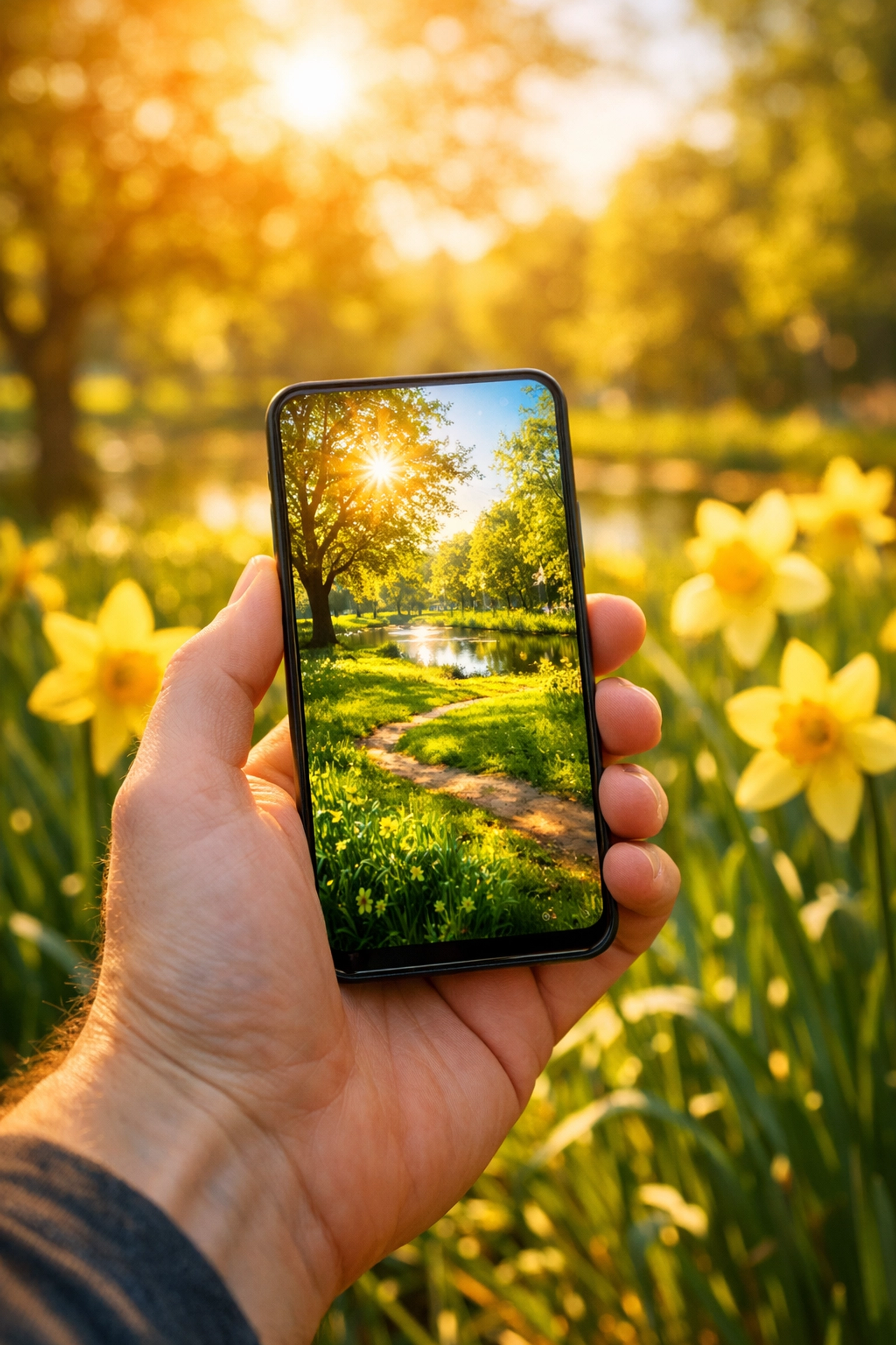 A hand holding a modern mobile phone in a sun-drenched spring field of yellow flowers.