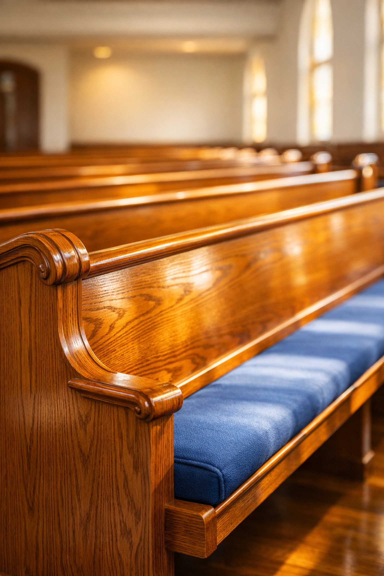 Gleaming wood pews in a professionally cleaned church sanctuary reflecting natural sunlight.
