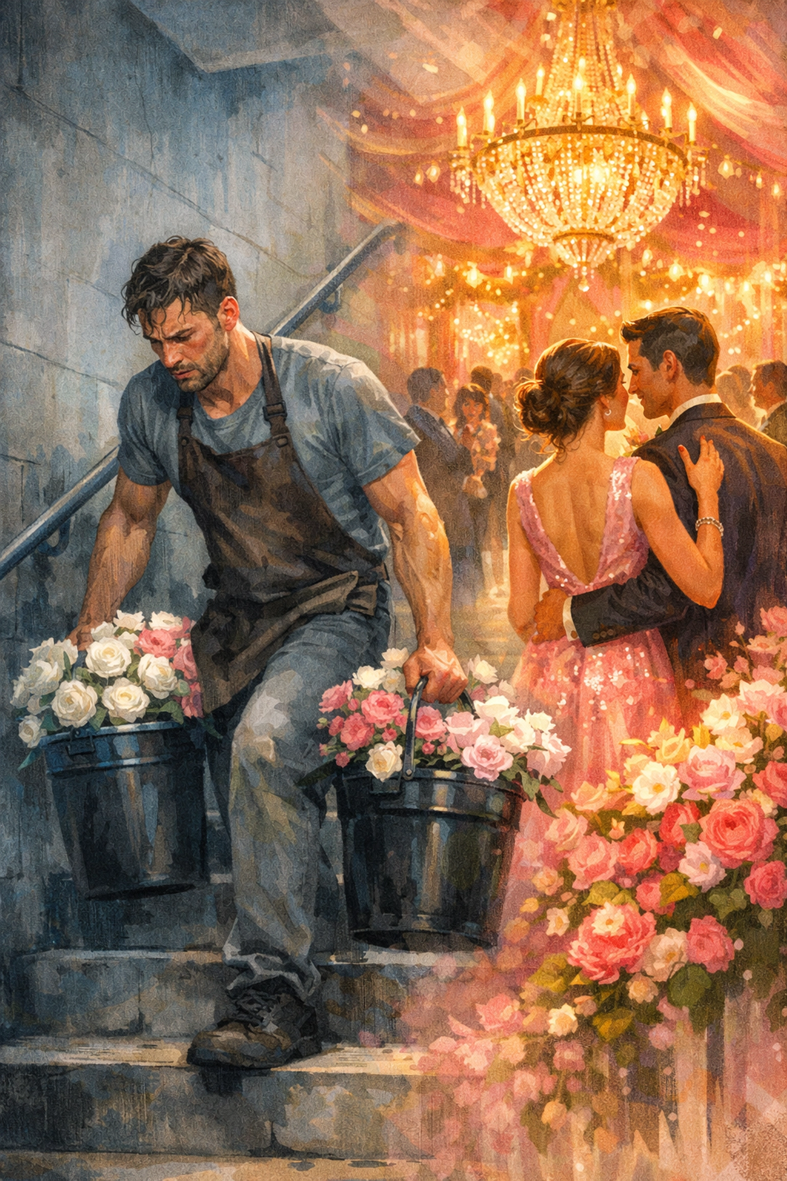 Gay florist carrying flowers contrasted with glamorous finished gala arrangement