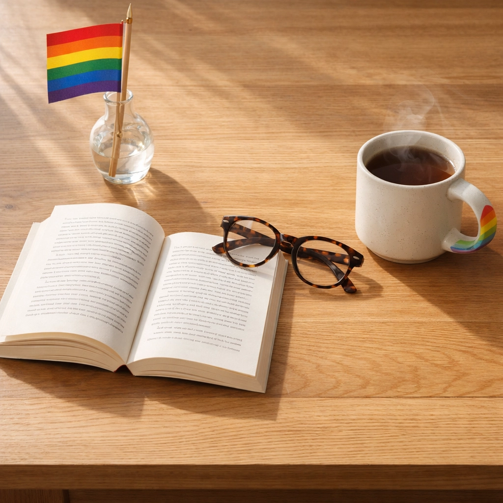 An open MM romance book and a rainbow coffee mug, perfect for relaxing during CSD 2026.