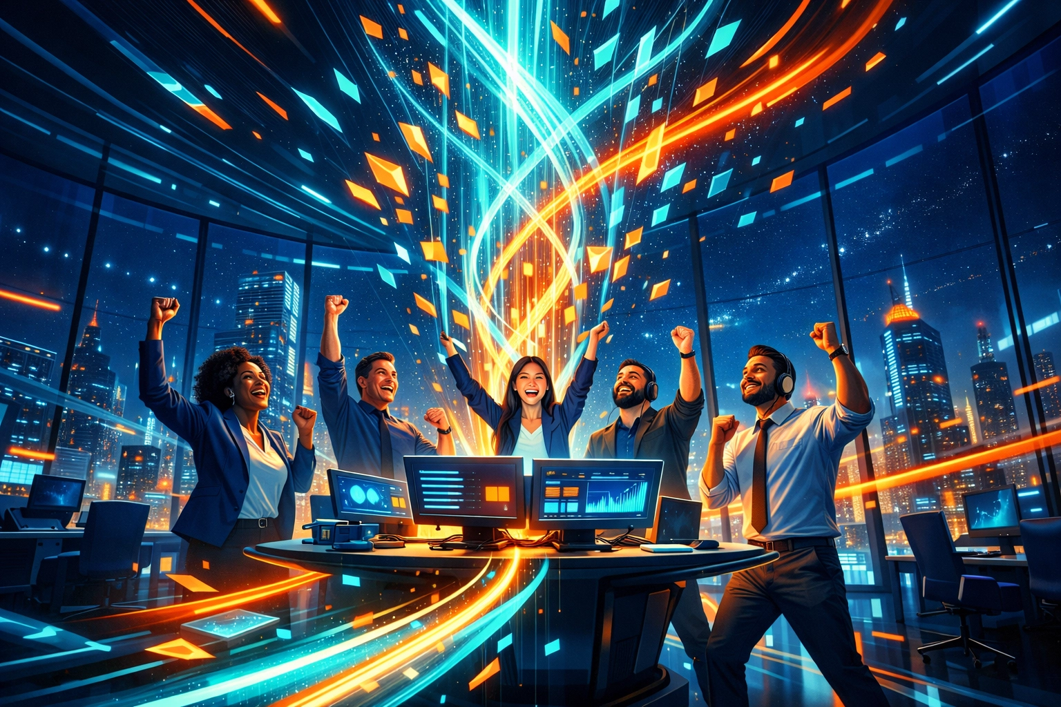 Team feiert Erfolg durch optimierte Prozesse nach erfolgreicher KI-Einführung.