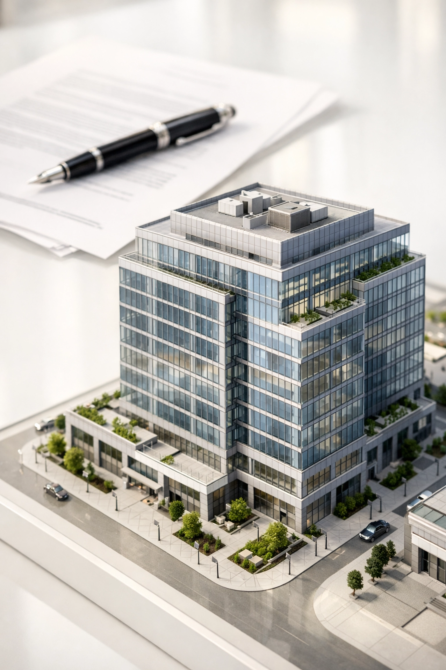 Architectural model of a commercial building representing clear title and valuation after bankruptcy lien removal.