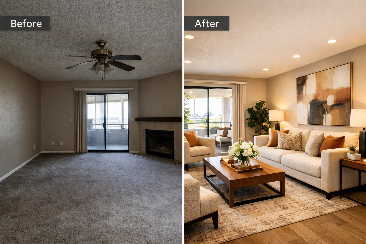 Before and after home staging transformation showing Las Vegas property relist presentation