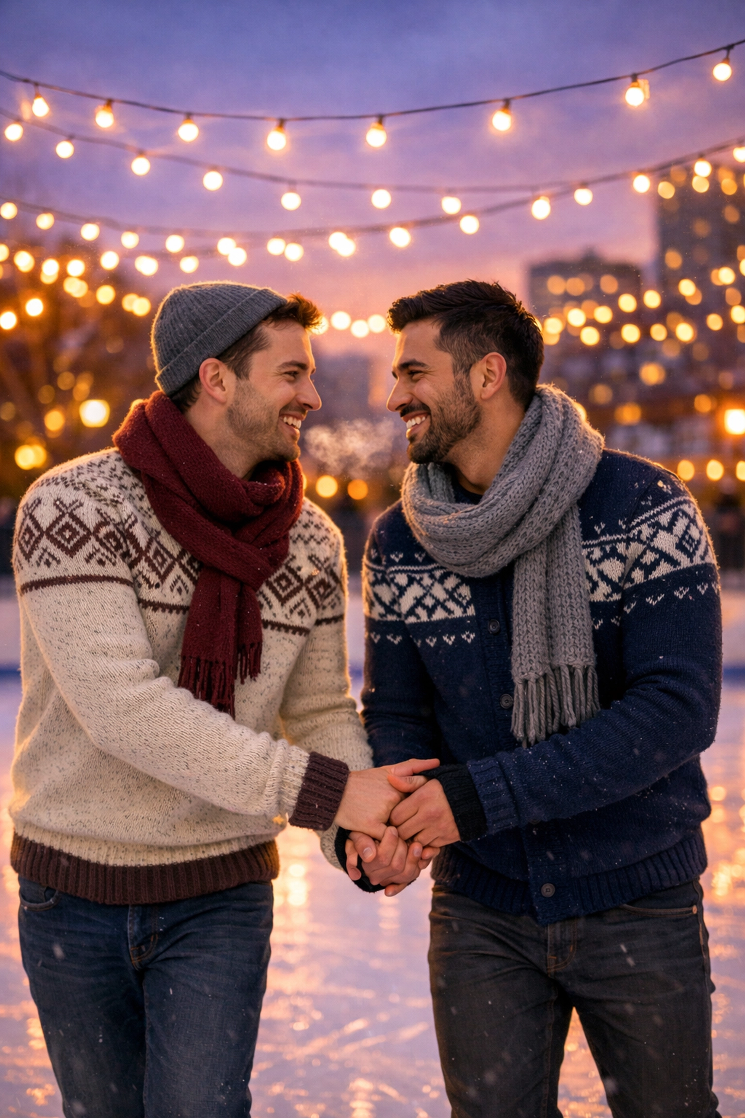 Gay couple holding hands while ice skating at dusk on romantic outdoor winter date