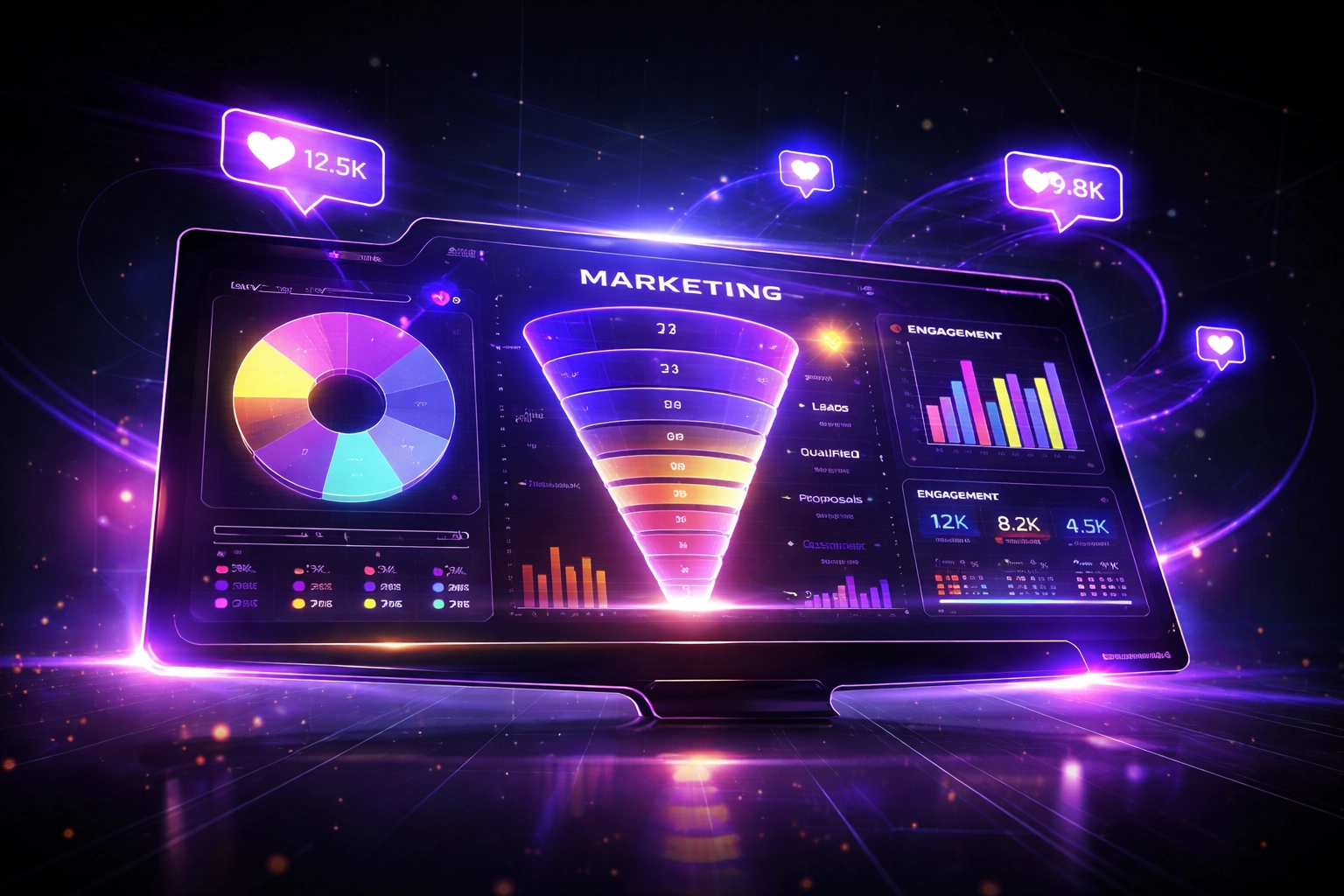 Futuristic marketing dashboard visualizing photo booth ROI, lead funnels, and social media analytics for event campaigns