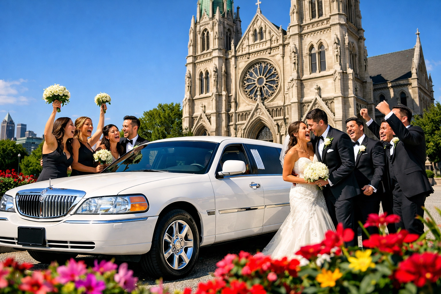 Pittsburgh wedding limo service with bridal party at church