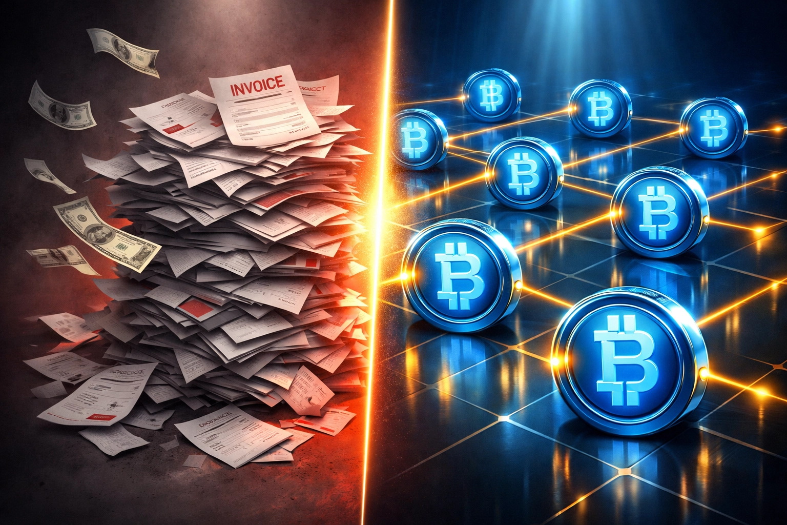 Traditional paper invoices transforming into blockchain receivables tokens on digital ledger