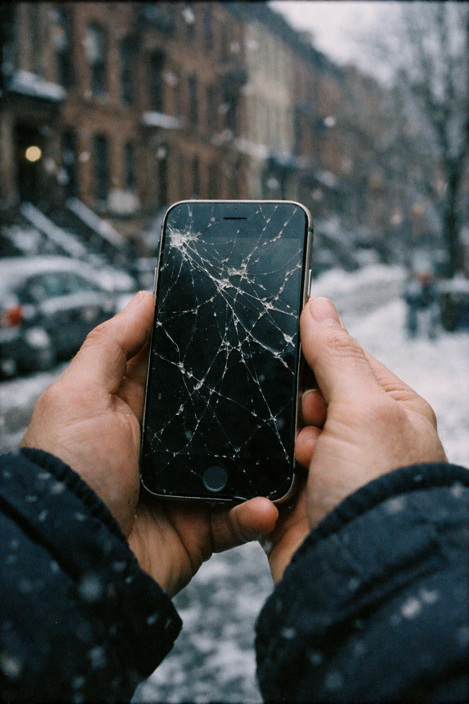 Cracked iPhone screen held in hand on snowy Brooklyn street needing repair