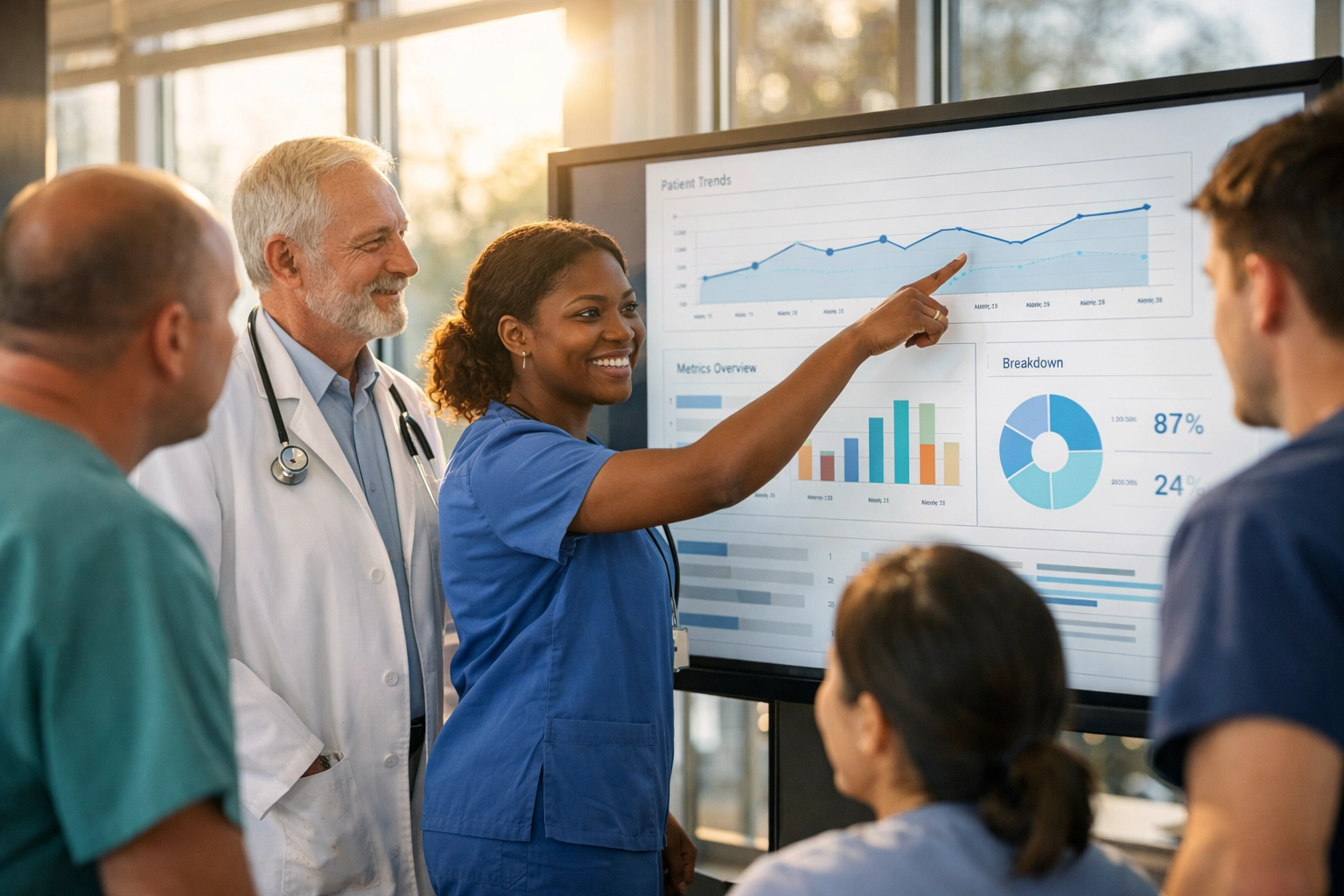 Healthcare staff collaborating and training on a hospital AI data dashboard.