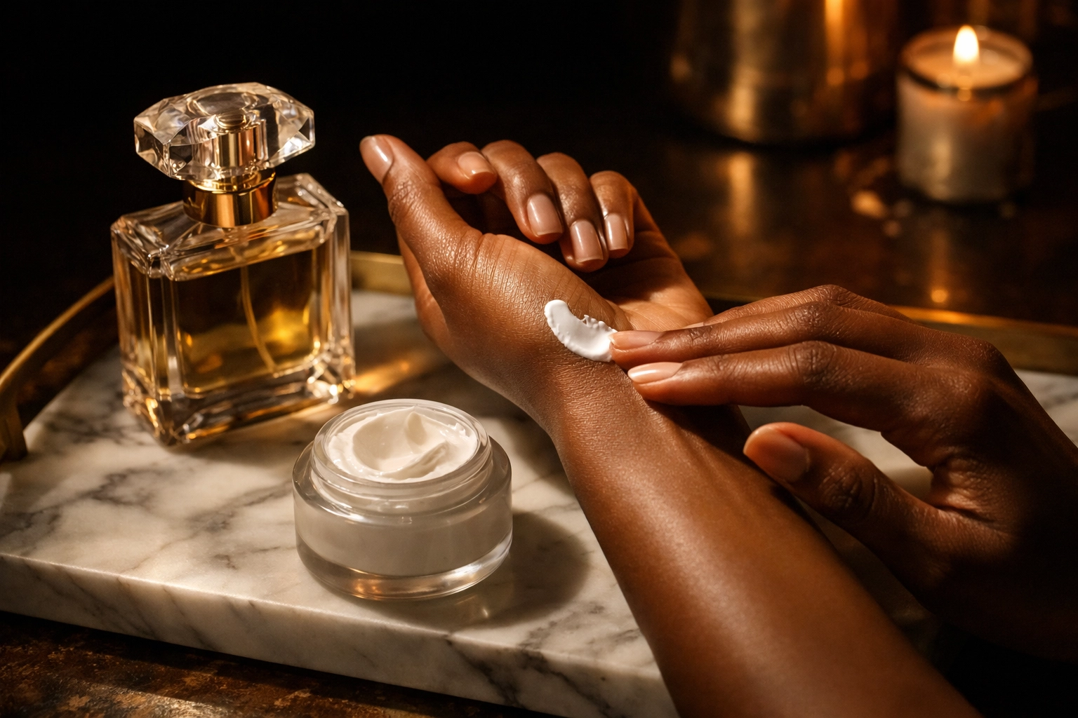 Hands applying unscented moisturizer to wrist beside a luxury perfume bottle – layering for longevity