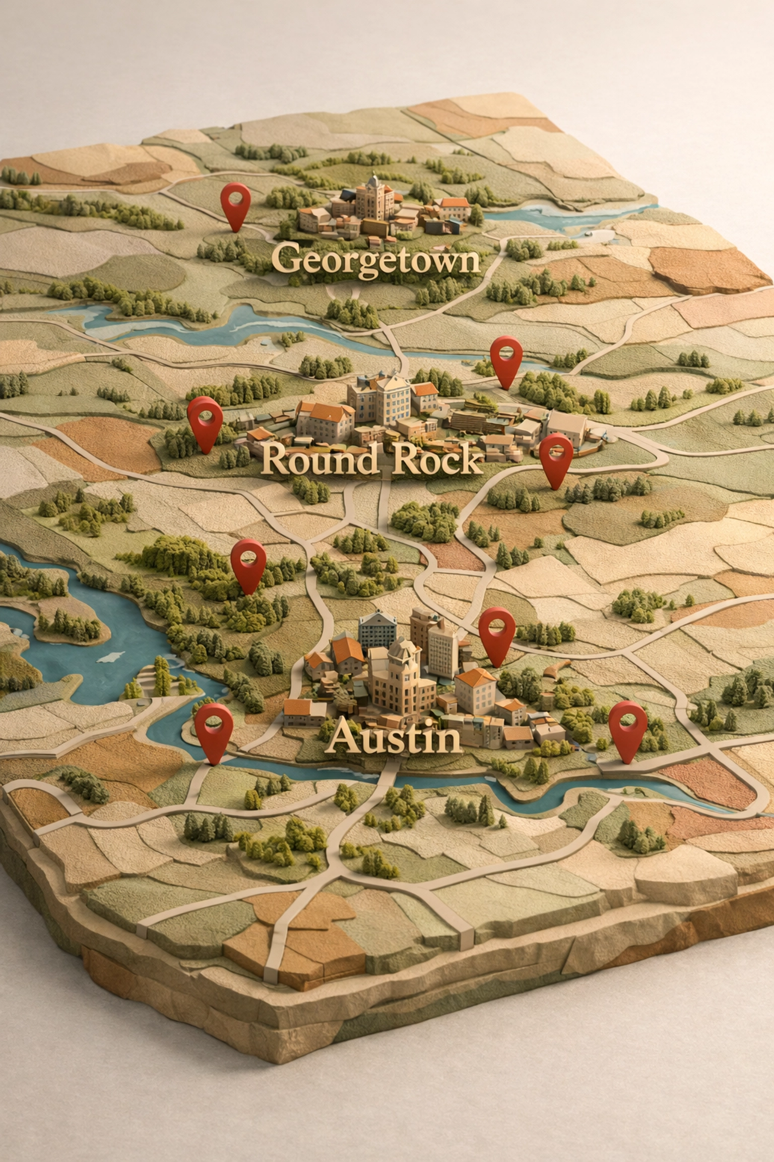 Map of Central Texas showing Austin, Round Rock, and Georgetown service areas for local SEO