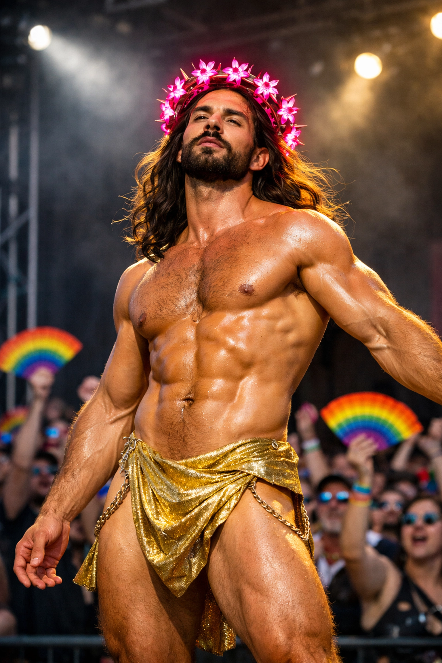 A participant in the Hunky Jesus contest posing on stage during the Sisters of Perpetual Indulgence Easter event.