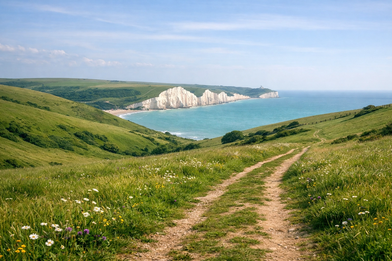 Vibrant green hills and iconic white cliffs along the South Downs Way coastal trail.