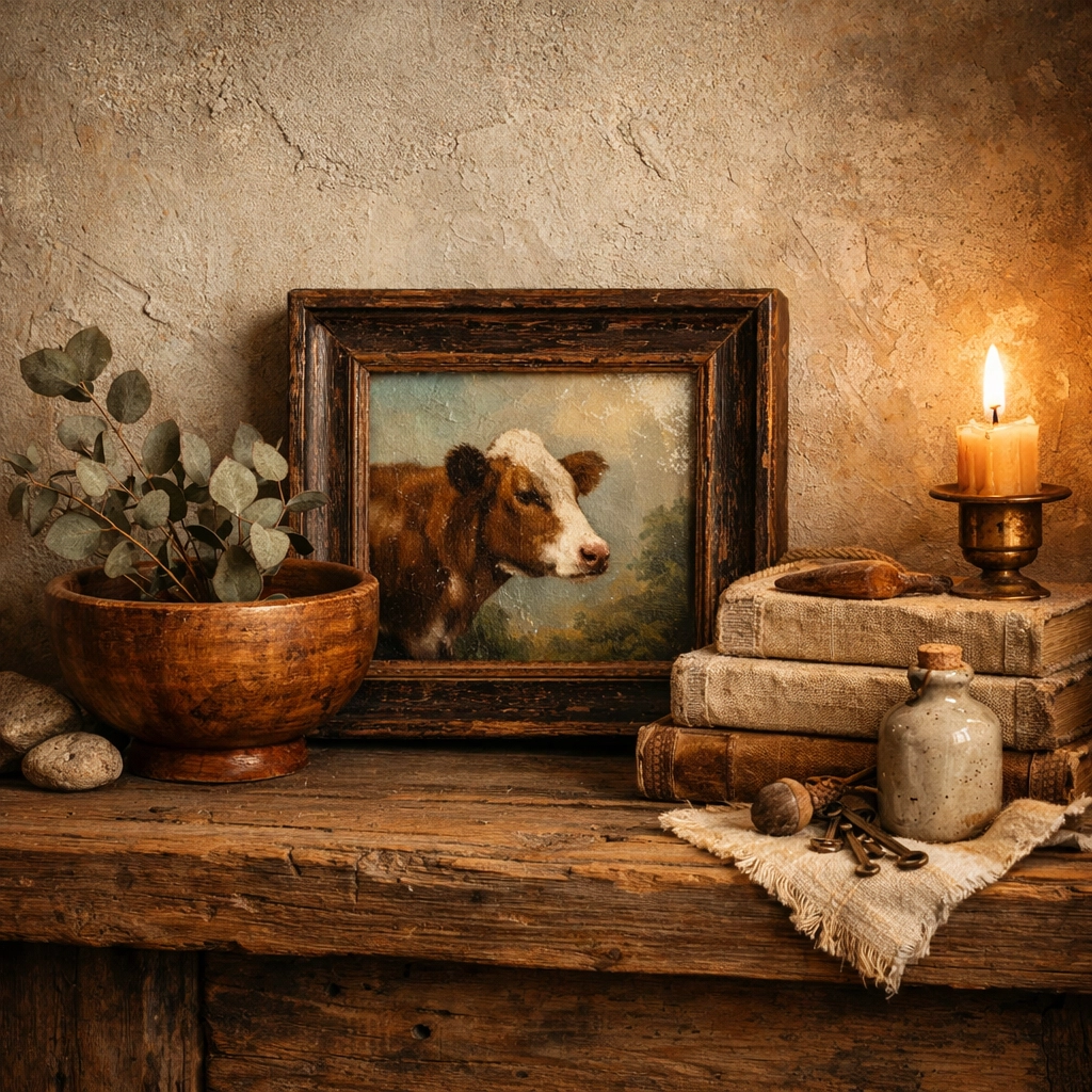 Rustic mantle with a hand-painted artisan cow oil study and unique handcrafted home decor accents.