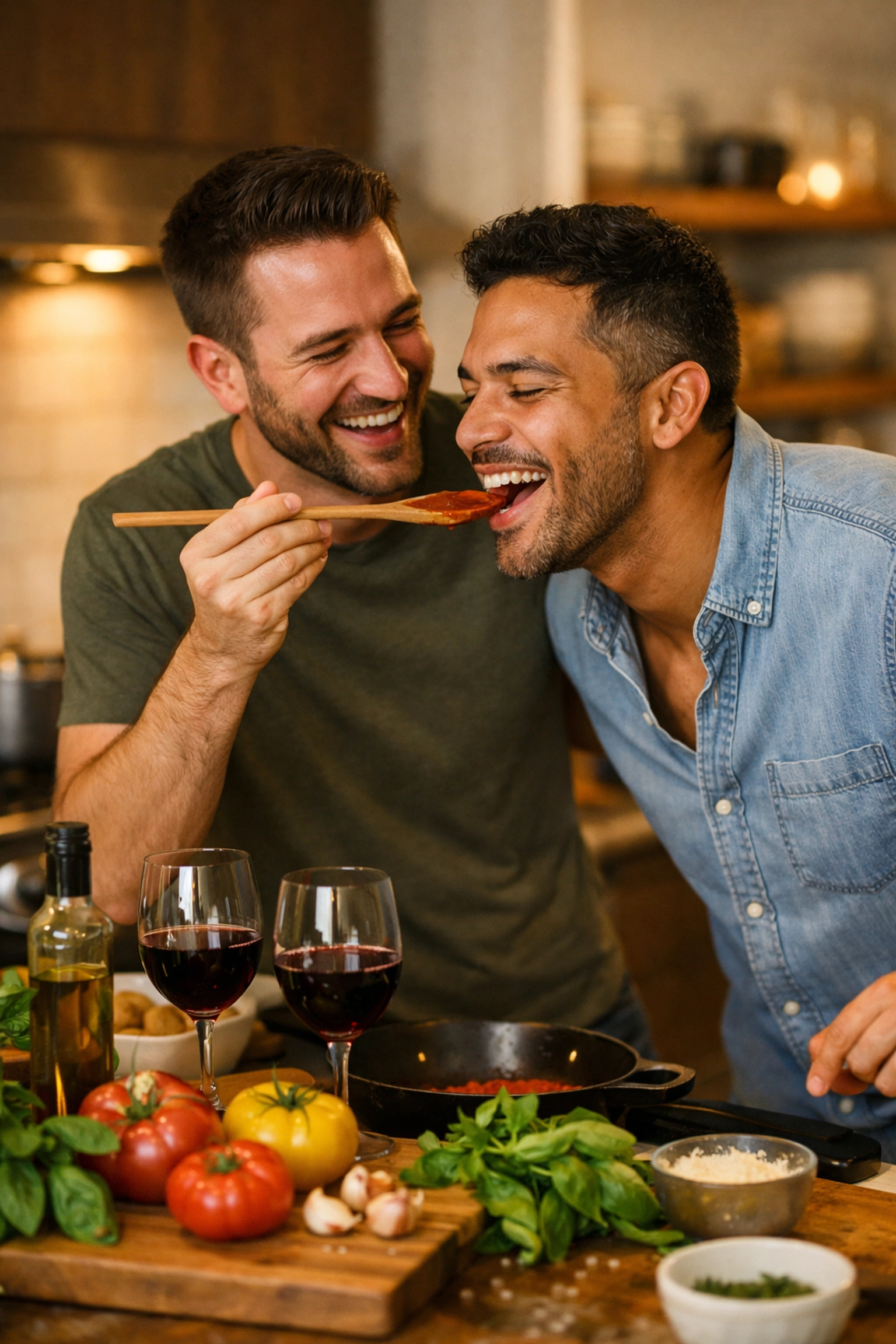 A gay couple cooking a romantic dinner at home for a cozy winter date idea.