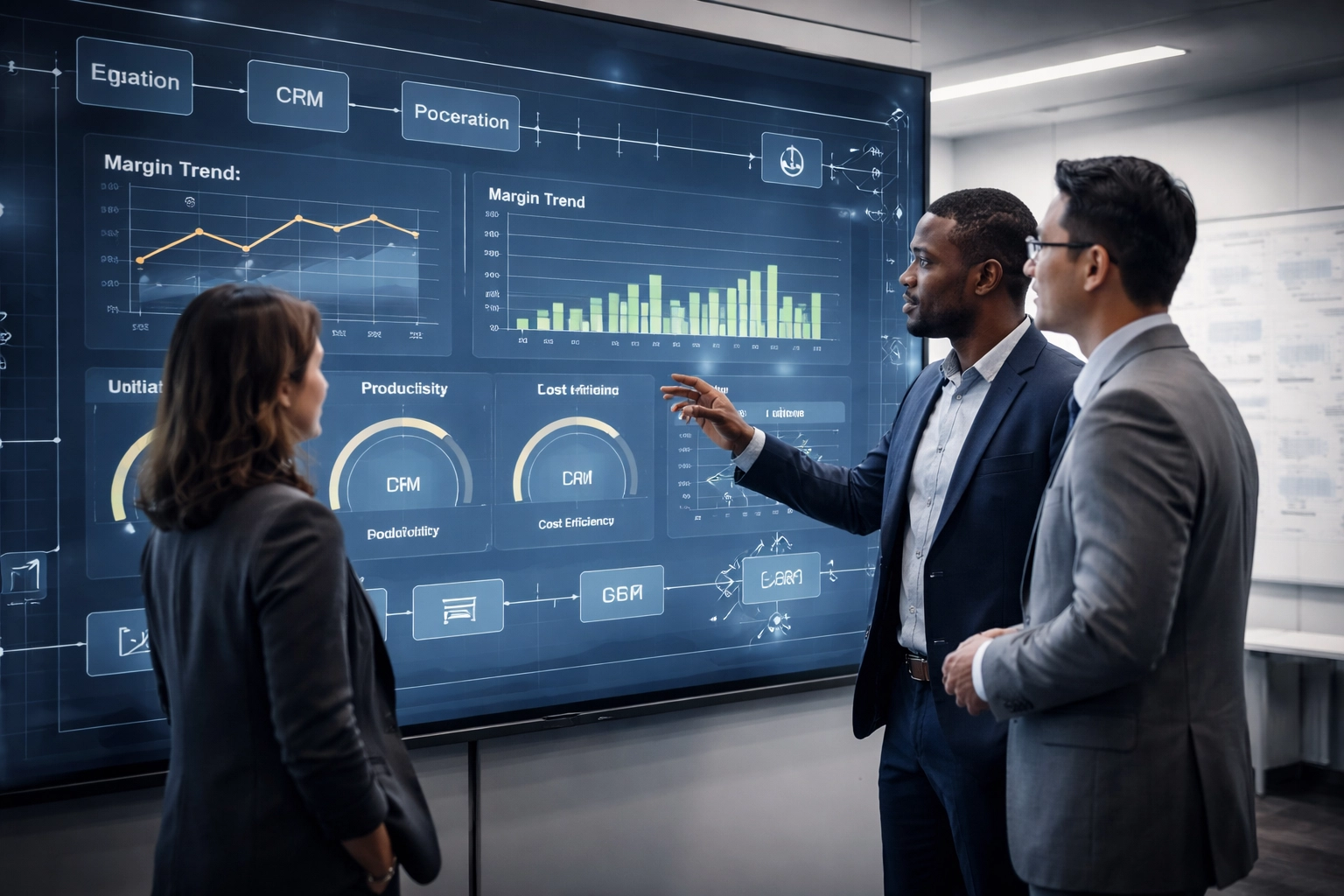 Operations team reviewing real-time KPI dashboards and performance metrics on a large office display