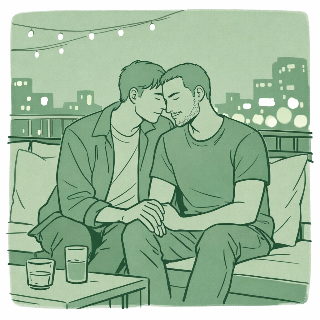 Gay couple relaxing on outdoor lounge terrace at Sydney nightclub with city lights backdrop