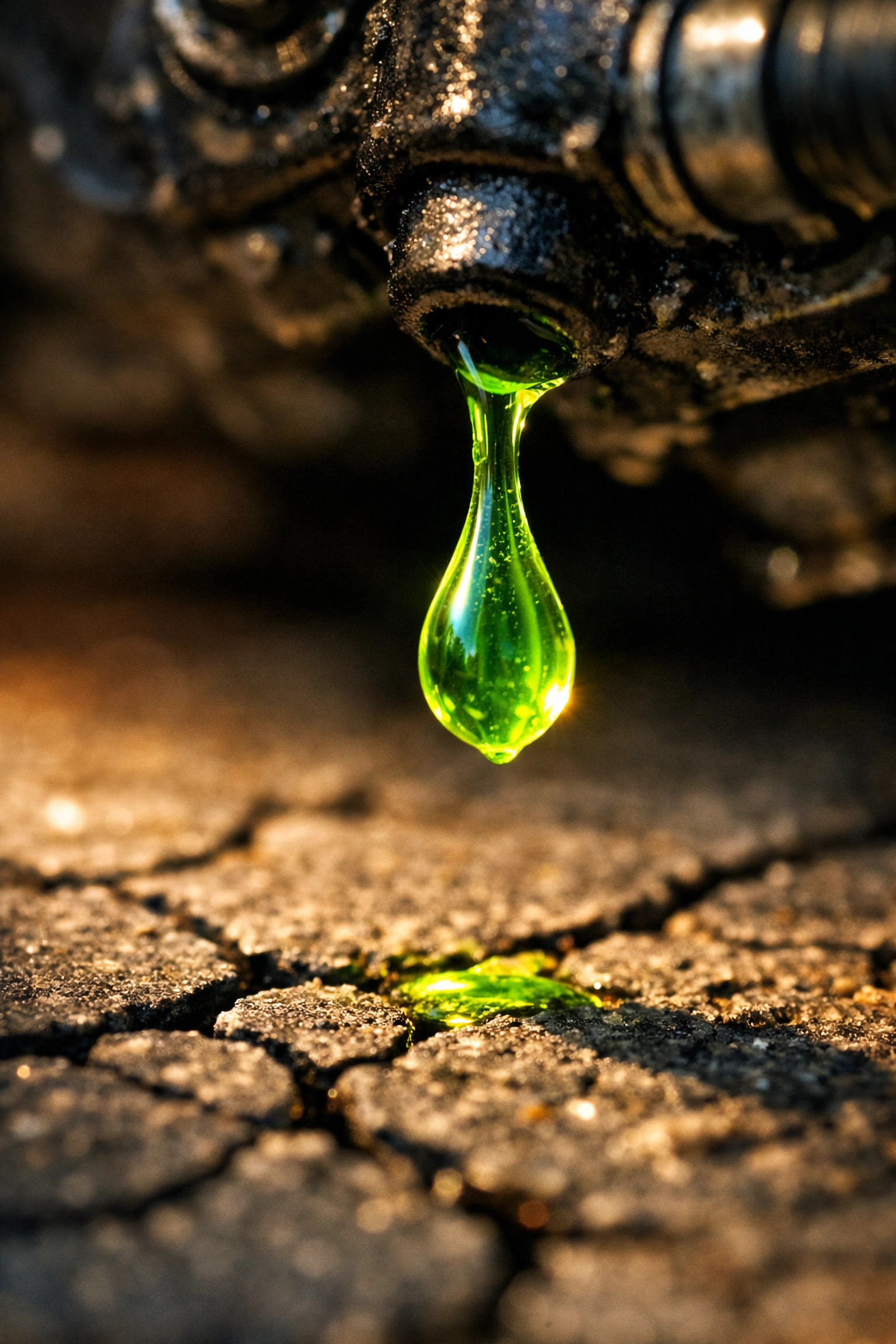 A neon-green coolant leak from an engine caught during a pre-purchase inspection in Phoenix.