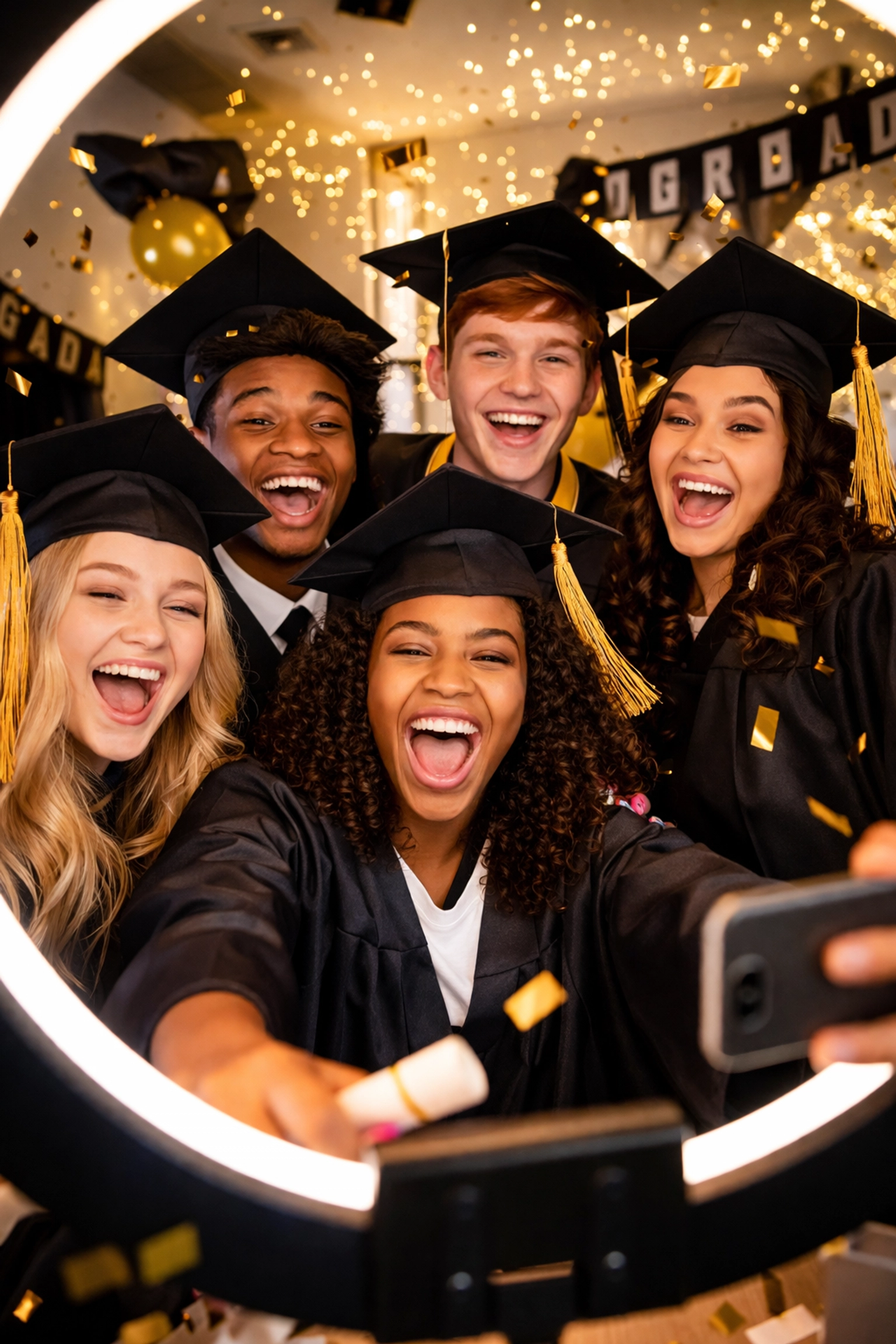 High school graduates in caps and gowns laughing together in a photo booth at a graduation party with festive decorations.