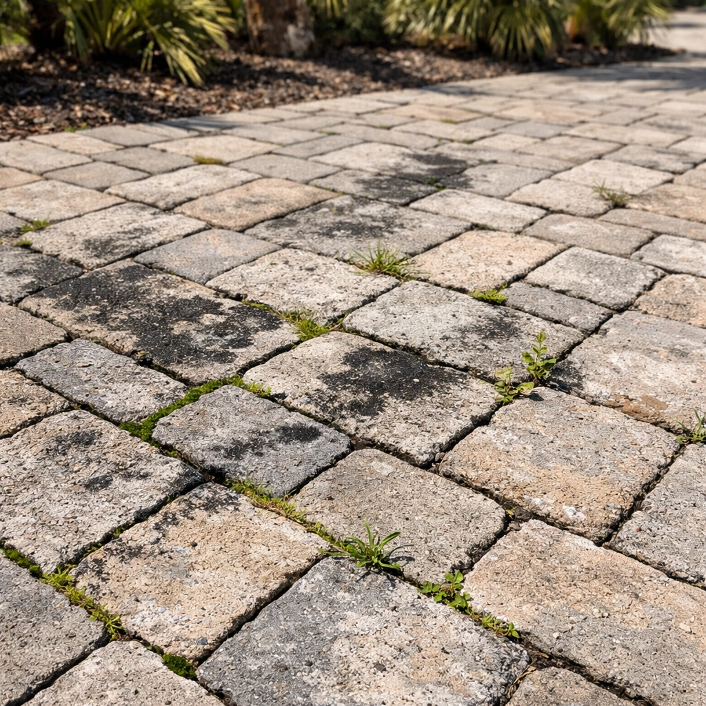 Damaged Florida paver driveway with mold, algae, weeds, and faded colors from UV exposure
