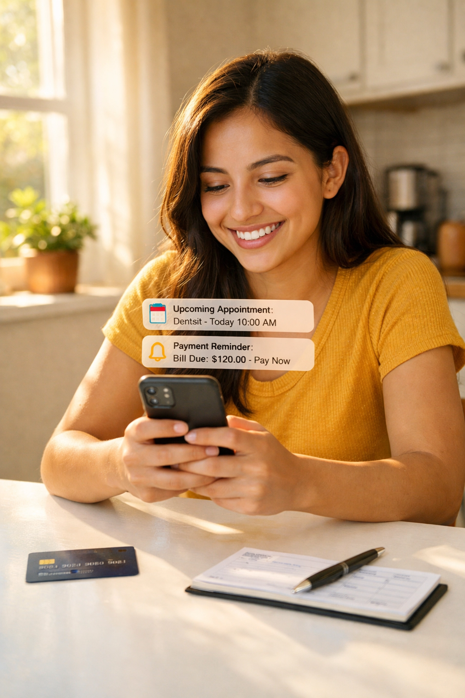 Young woman reviewing credit card payment reminder to build on-time payment history