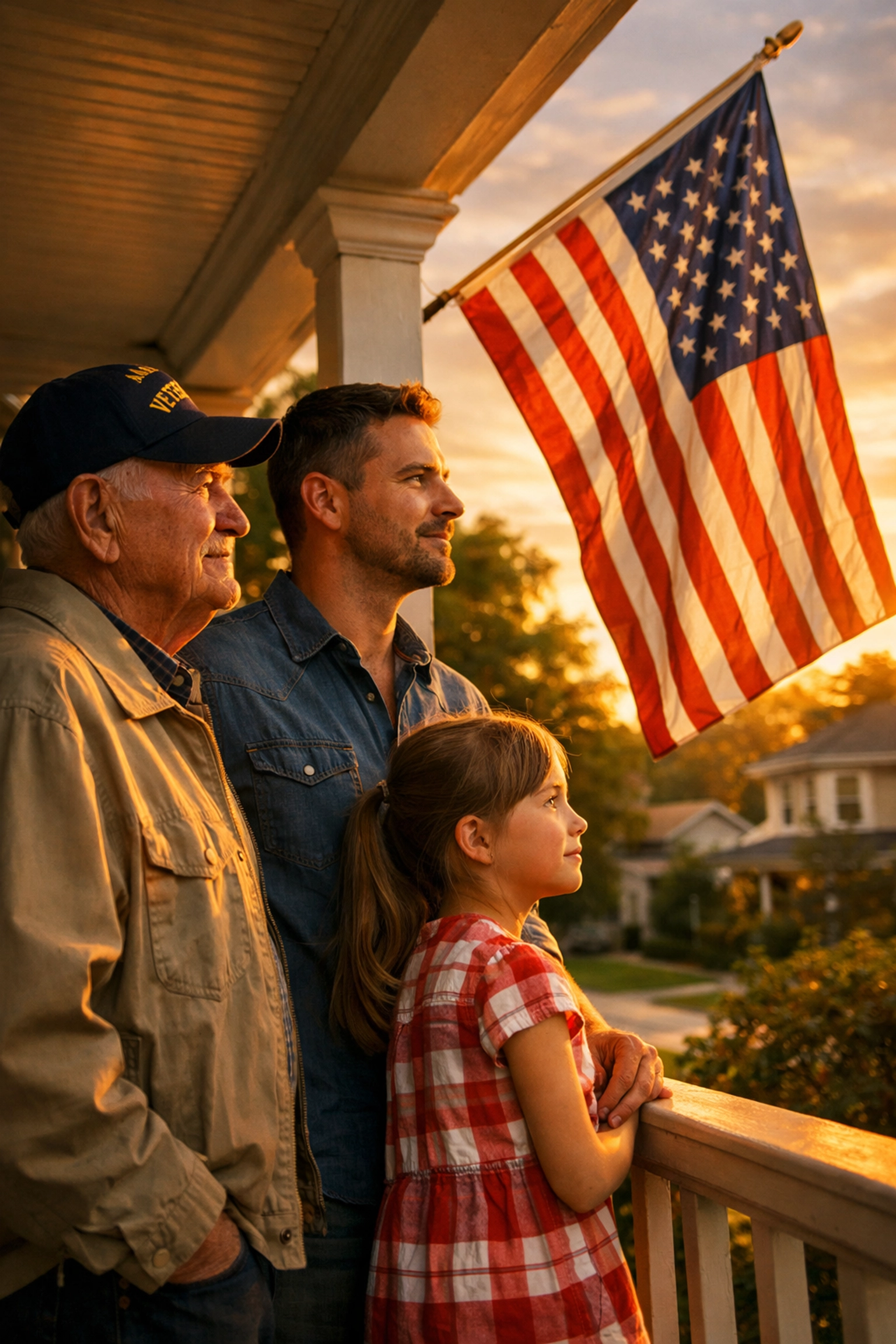 Three generations of an American family honoring the flag, representing patriotic legacy for America’s 250th.