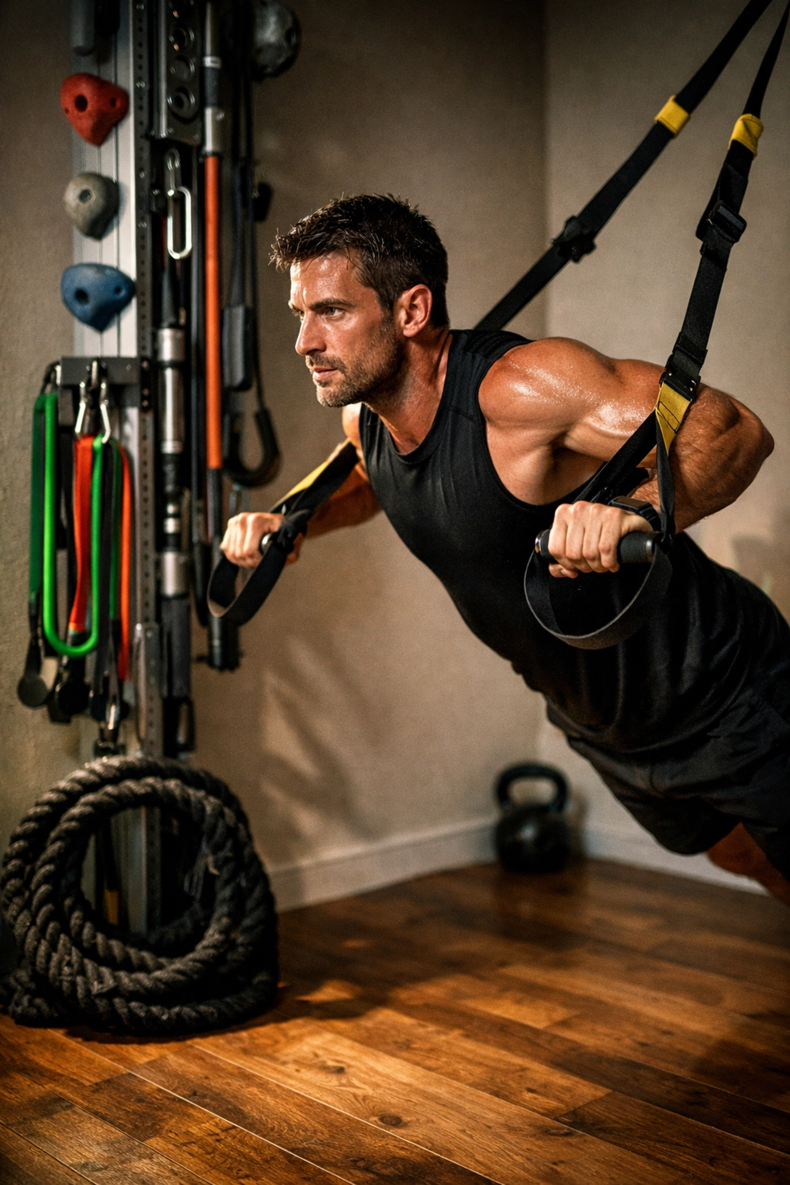 Athlete using floor to ceiling gym system with resistance bands and climbing holds for versatile training