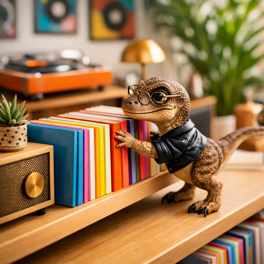 A toy dinosaur with glasses arranging vinyl records in an eclectic, modern boutique music shop.