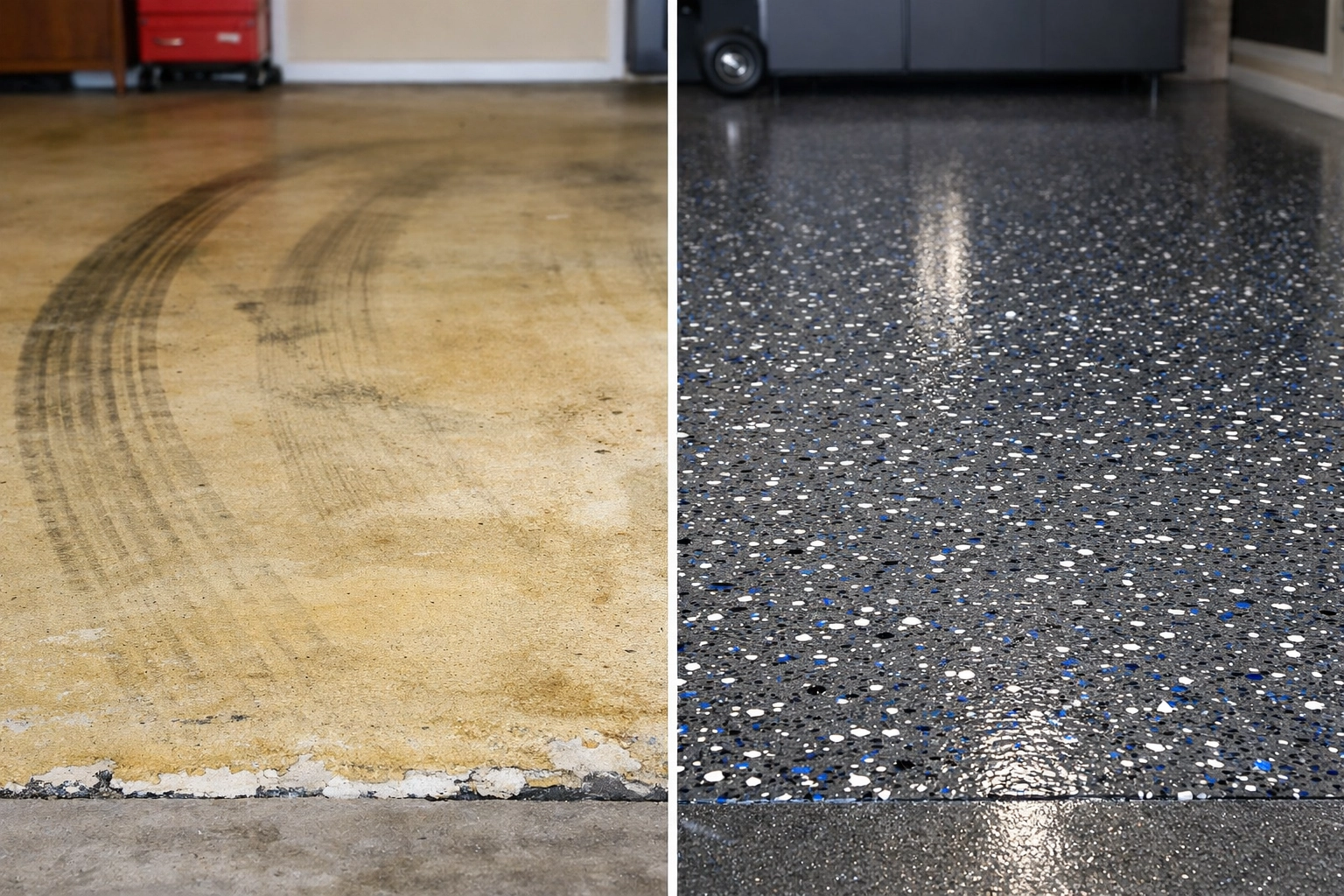 Side-by-side comparison of worn epoxy floor versus new polyaspartic garage floor coating