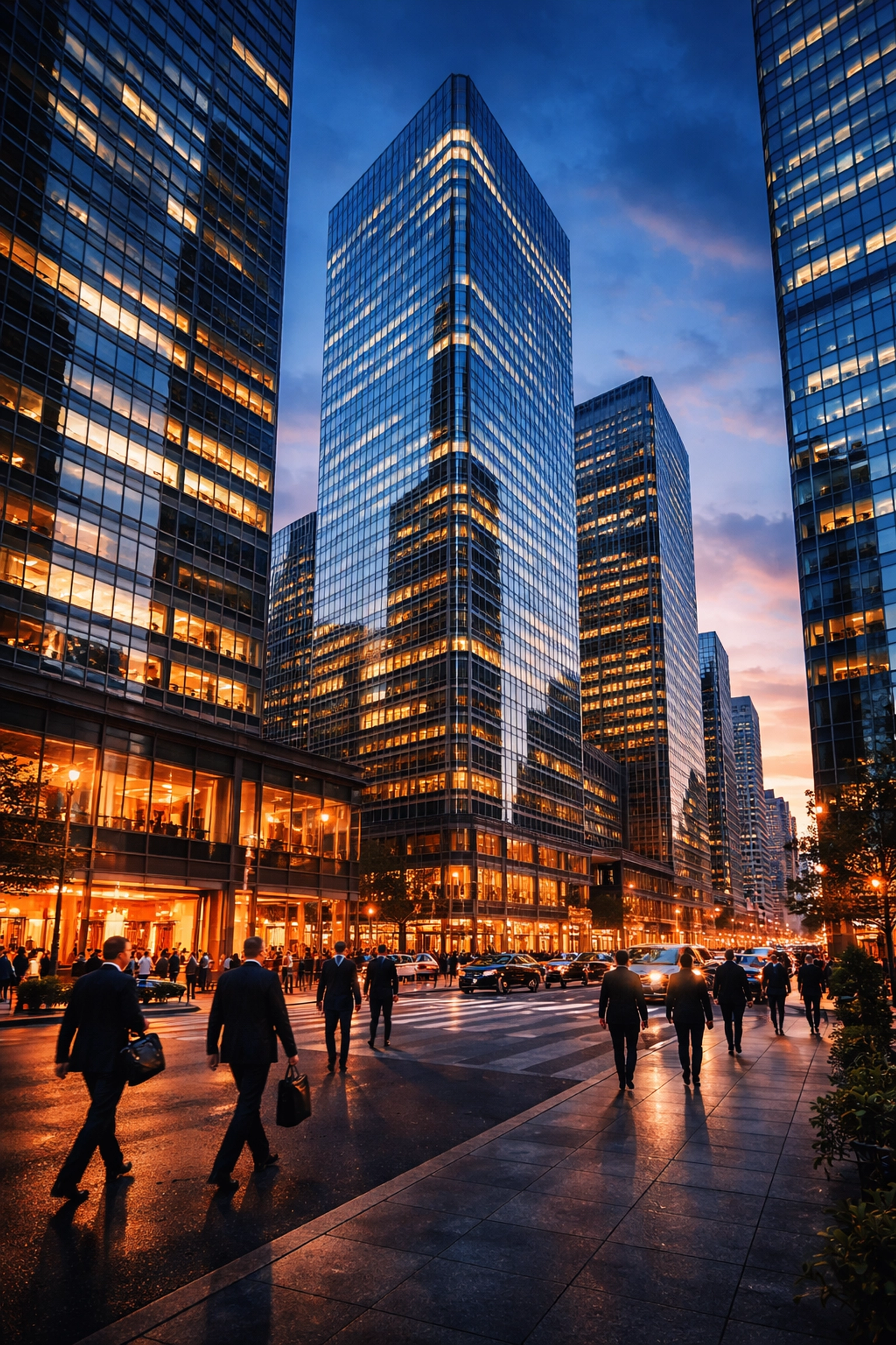 Twilight cityscape of a financial district with professionals, representing media holding company growth