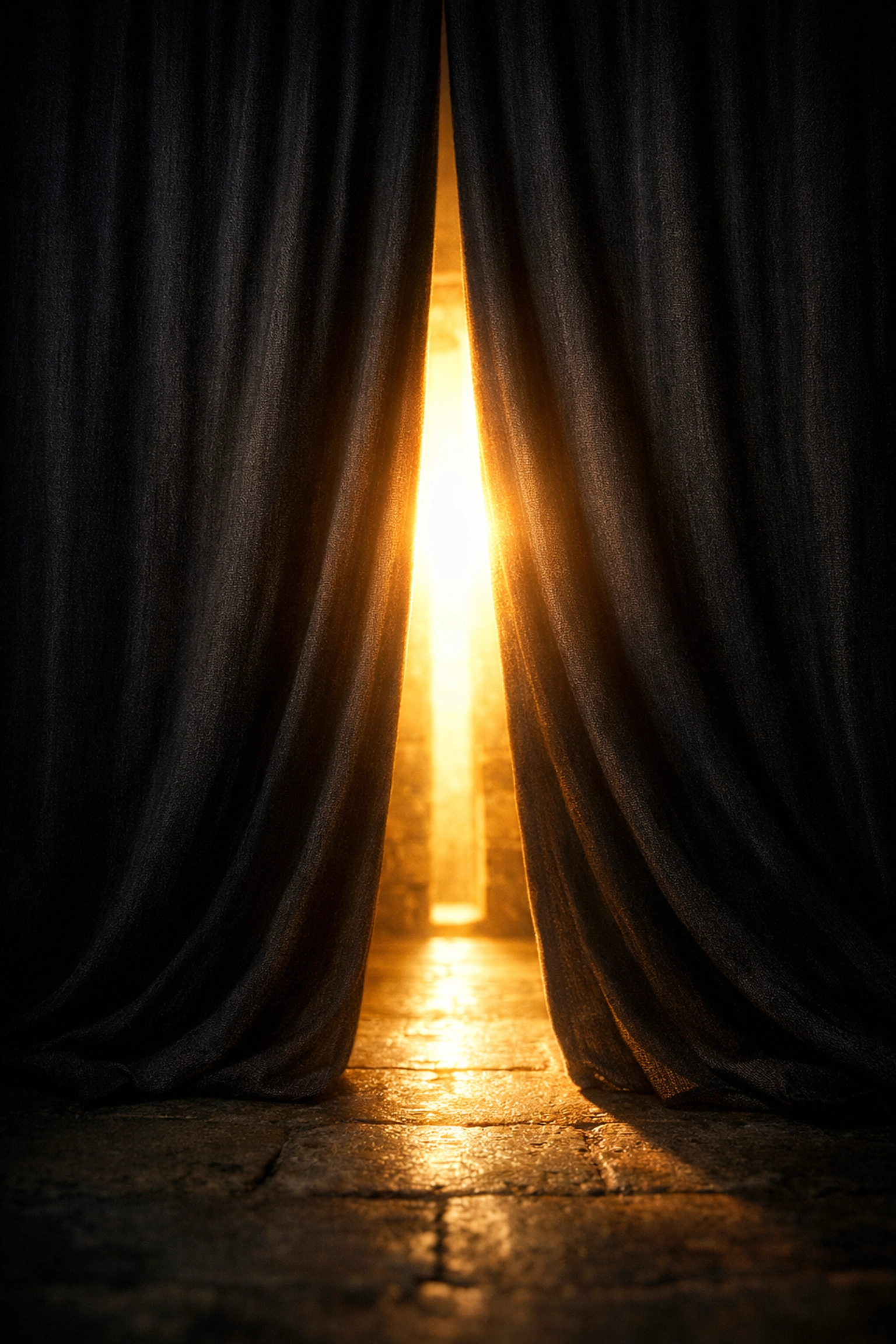 A torn veil with golden light pouring into a stone room, representing restored access to God after the crucifixion.