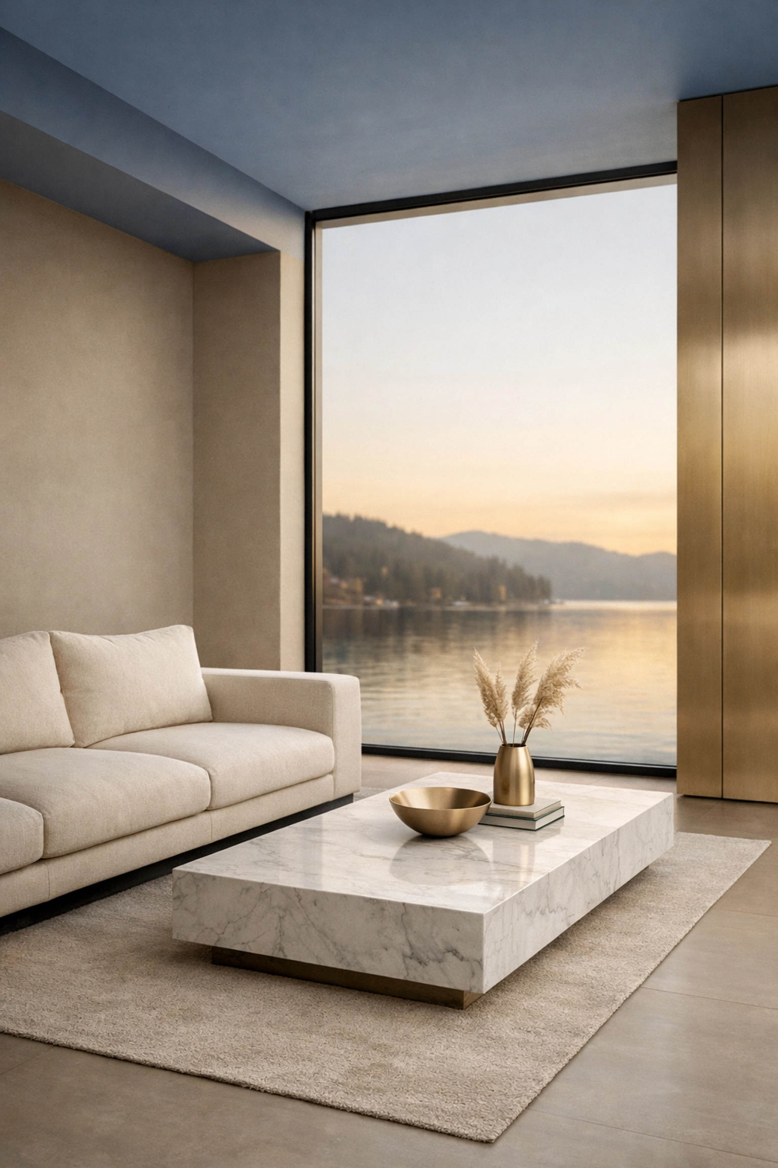 Modern Coeur d'Alene luxury living room with lake views, highlighting North Idaho real estate quality.