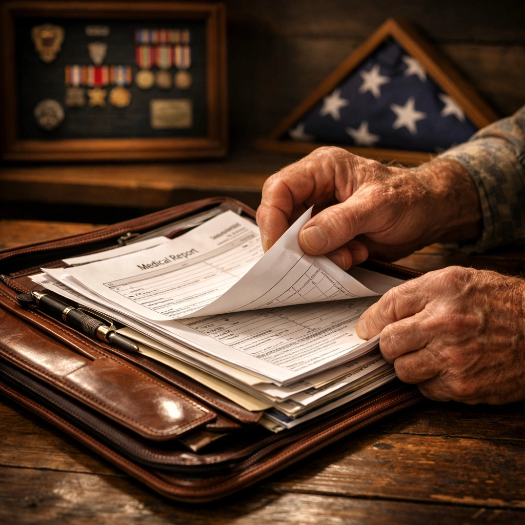 Veteran organizing medical documents for a fully developed VA disability claim to speed up the process.